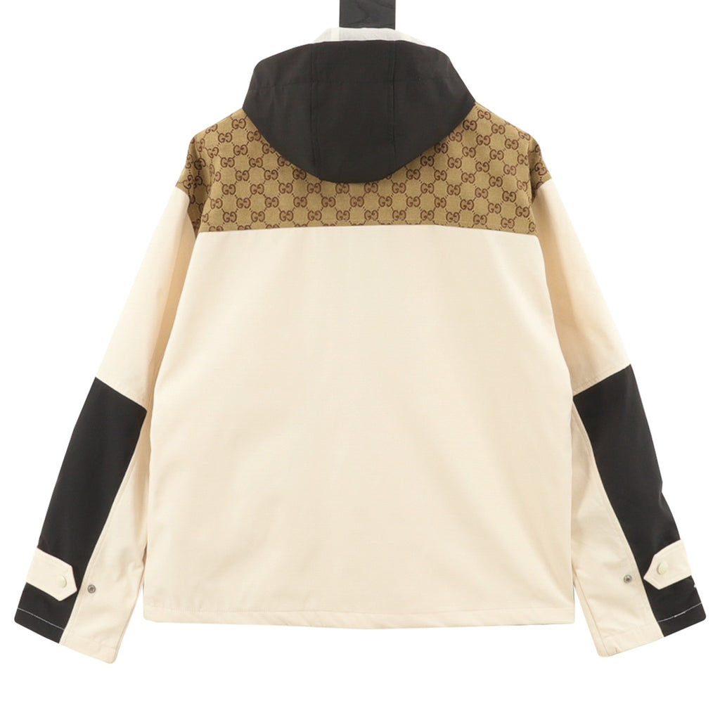 Gucci GG Supreme Canvas Colourblock Hooded Windbreaker Jacket — Cream/Beige/Black