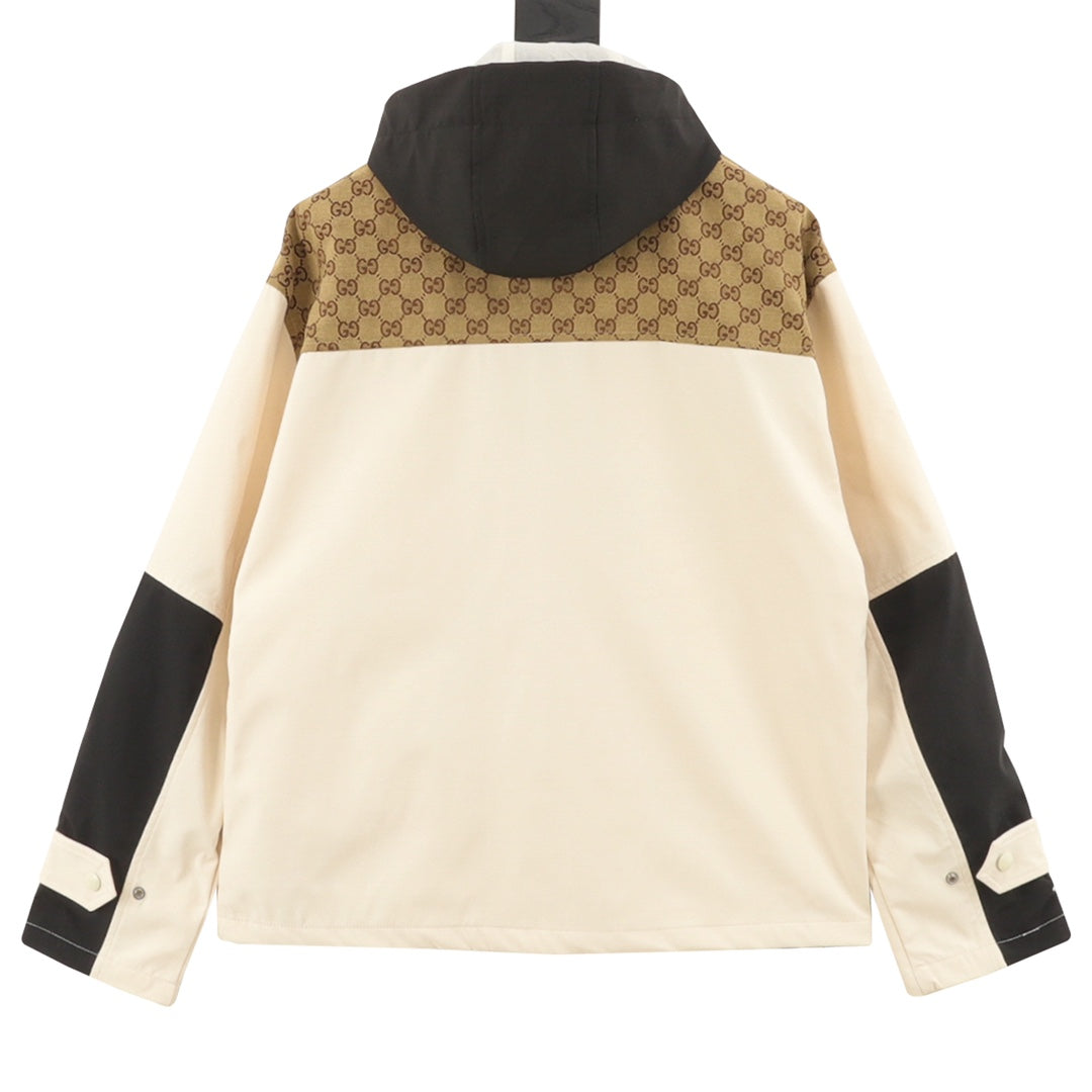 Gucci GG Supreme Canvas Colourblock Hooded Windbreaker Jacket — Cream/Beige/Black