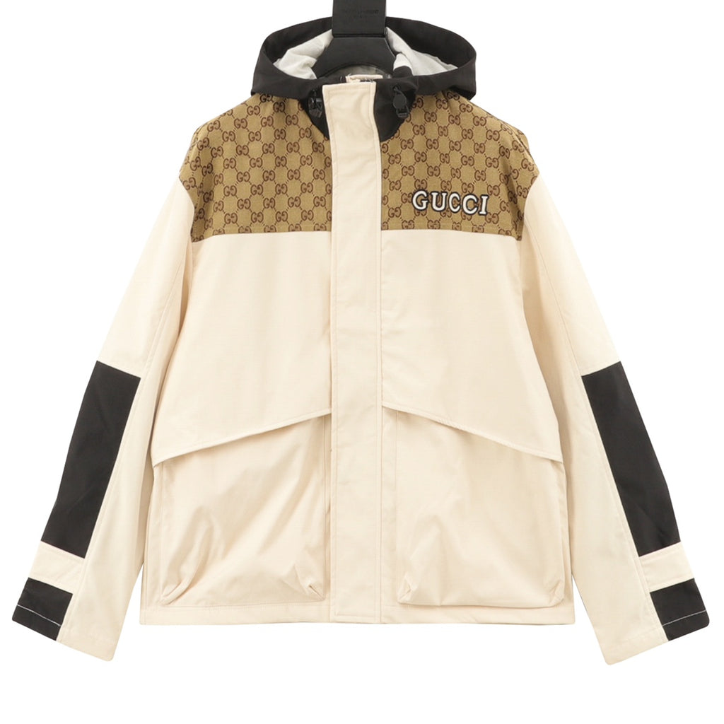 Gucci GG Supreme Canvas Colourblock Hooded Windbreaker Jacket — Cream/Beige/Black