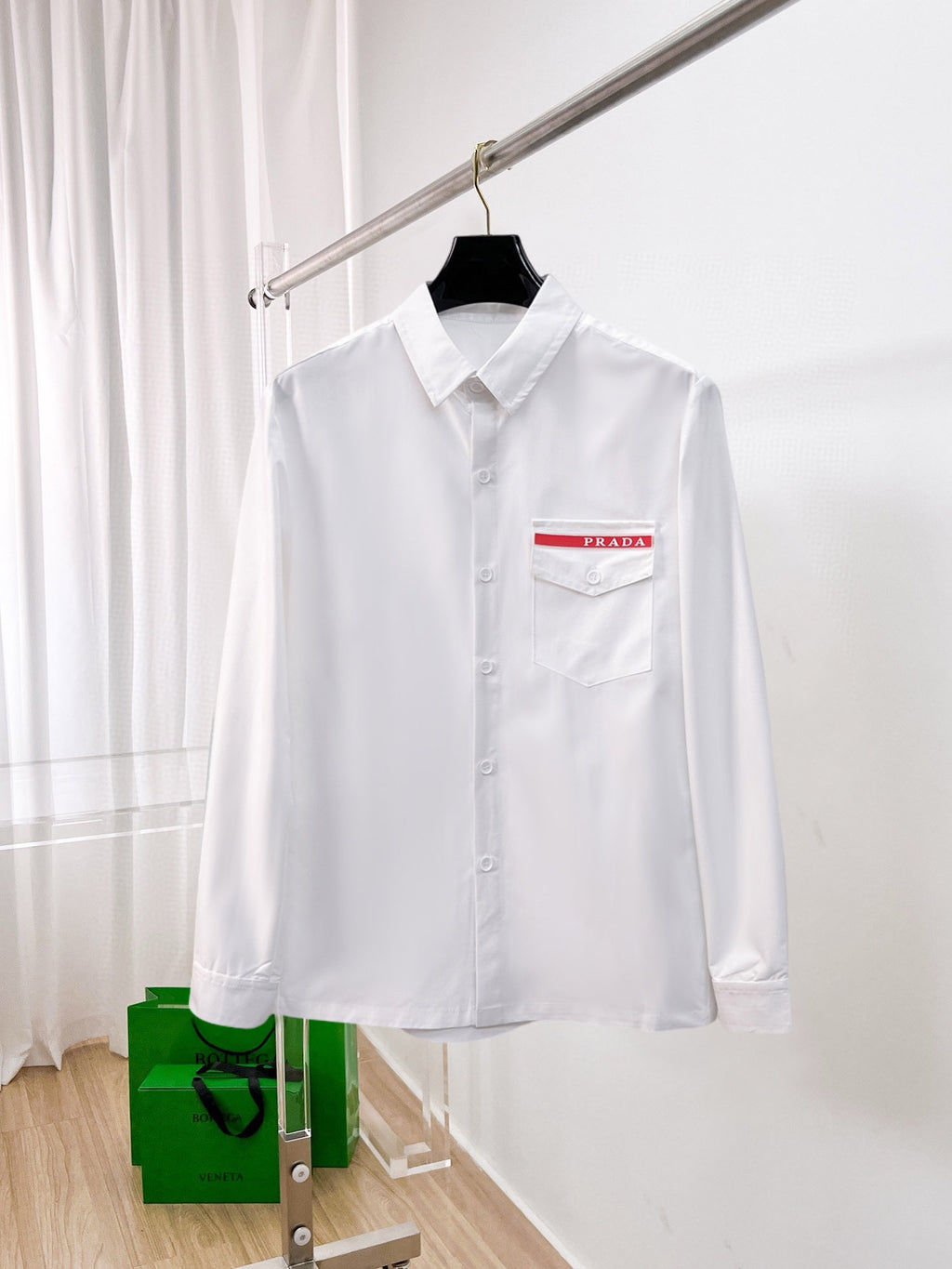 Prada 2026 SS Red Tab Long-Sleeve Shirt — White