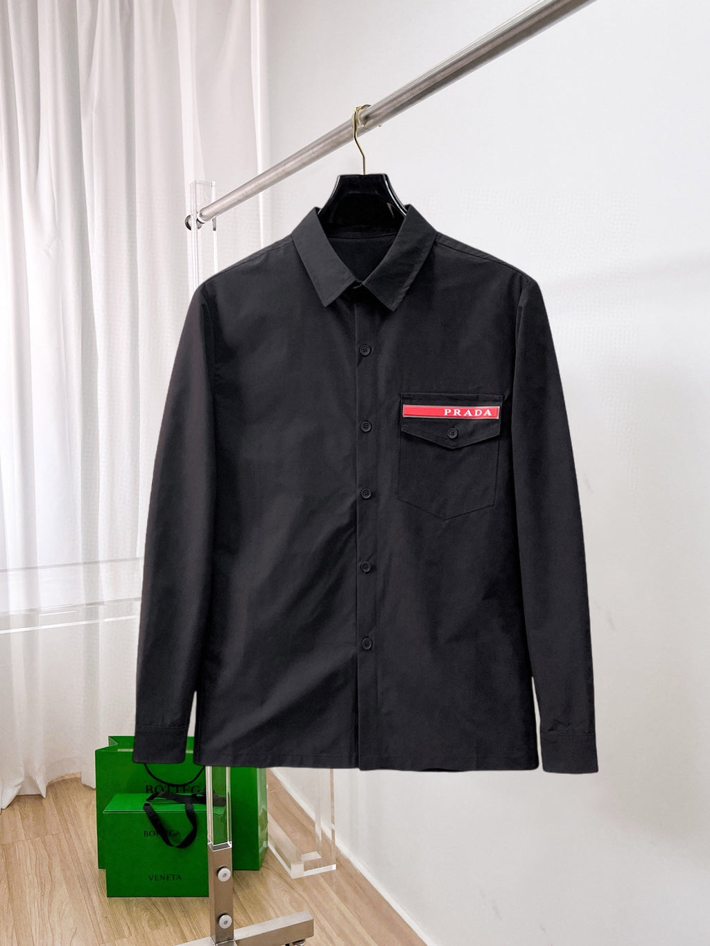 Prada 2026 SS Red Tab Long-Sleeve Shirt — Black