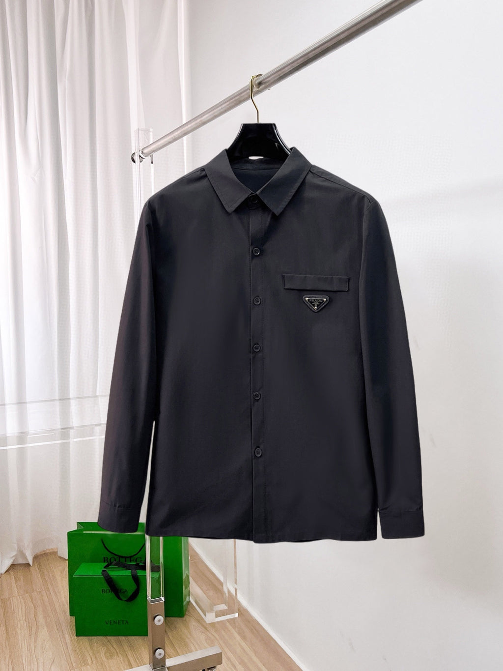 Prada 2026 SS Triangle Logo Long-Sleeve Shirt — Black