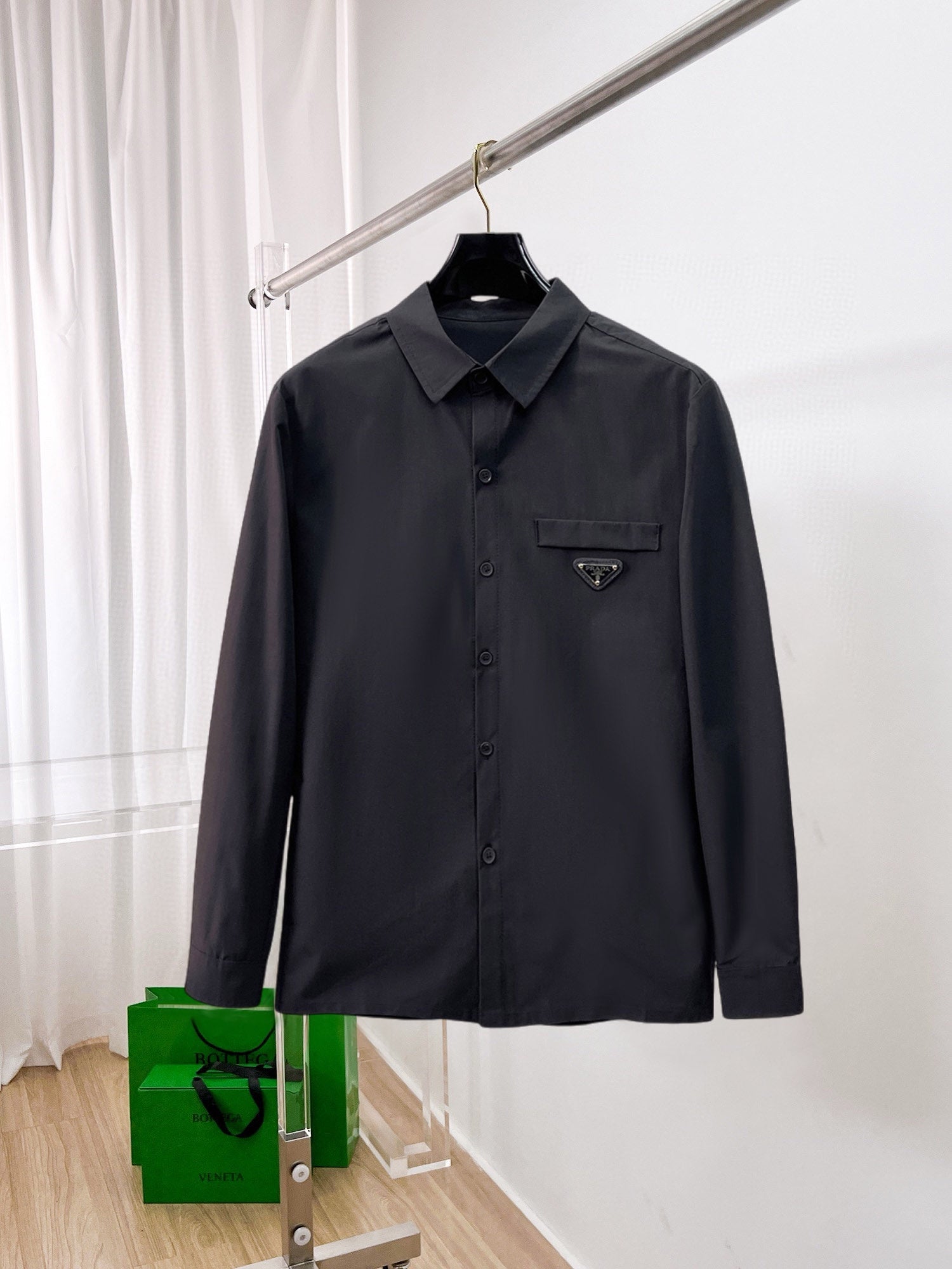 Prada 2026 SS Triangle Logo Long-Sleeve Shirt — Black
