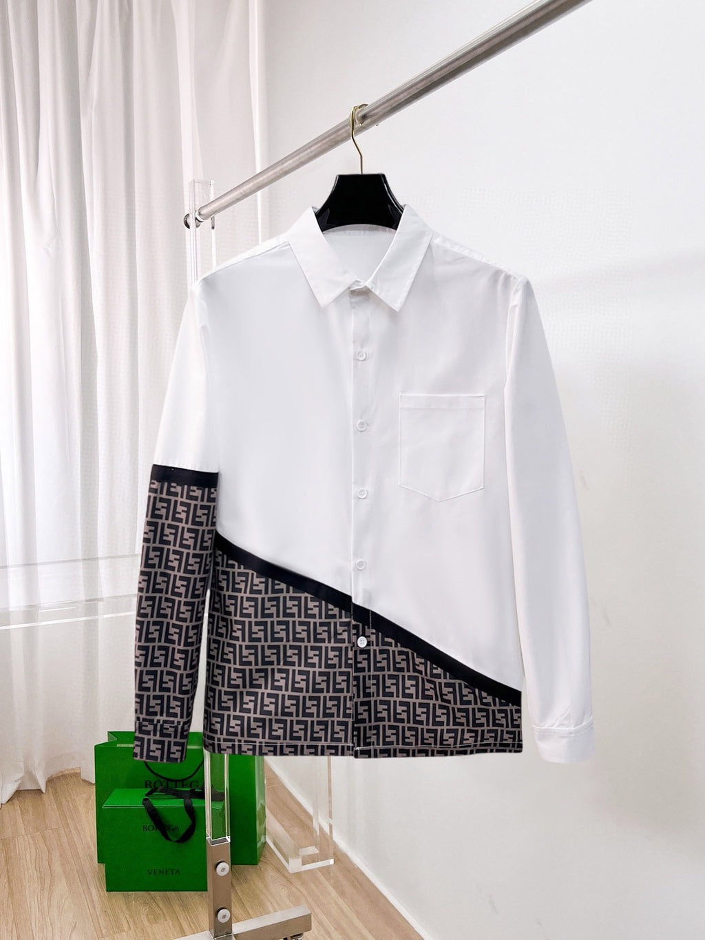 Fendi 2026 SS FF Monogram Colorblock Long-Sleeve Shirt — White