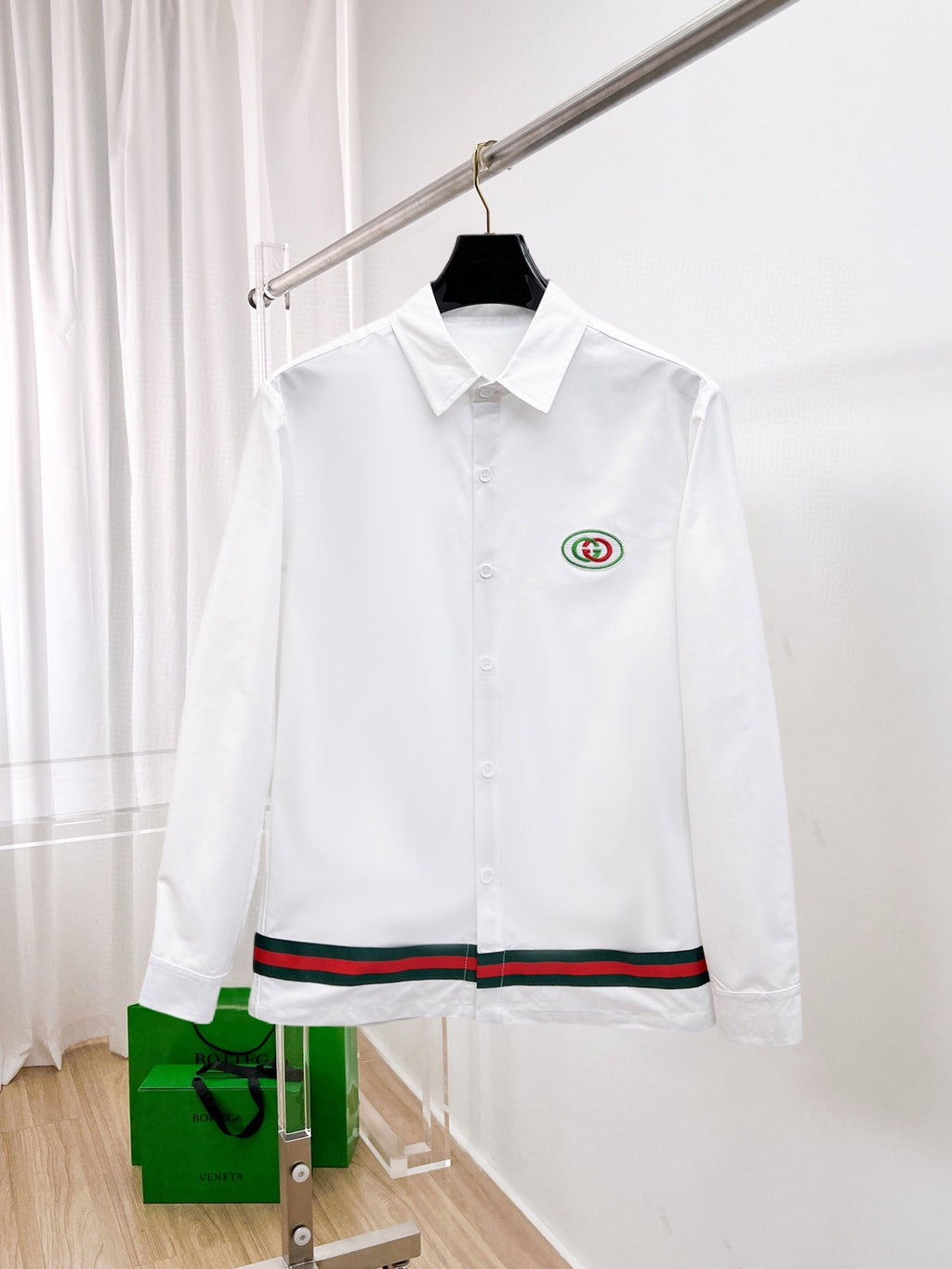 Gucci 2026 SS GG Oval Emblem Web Stripe Long-Sleeve Shirt — White
