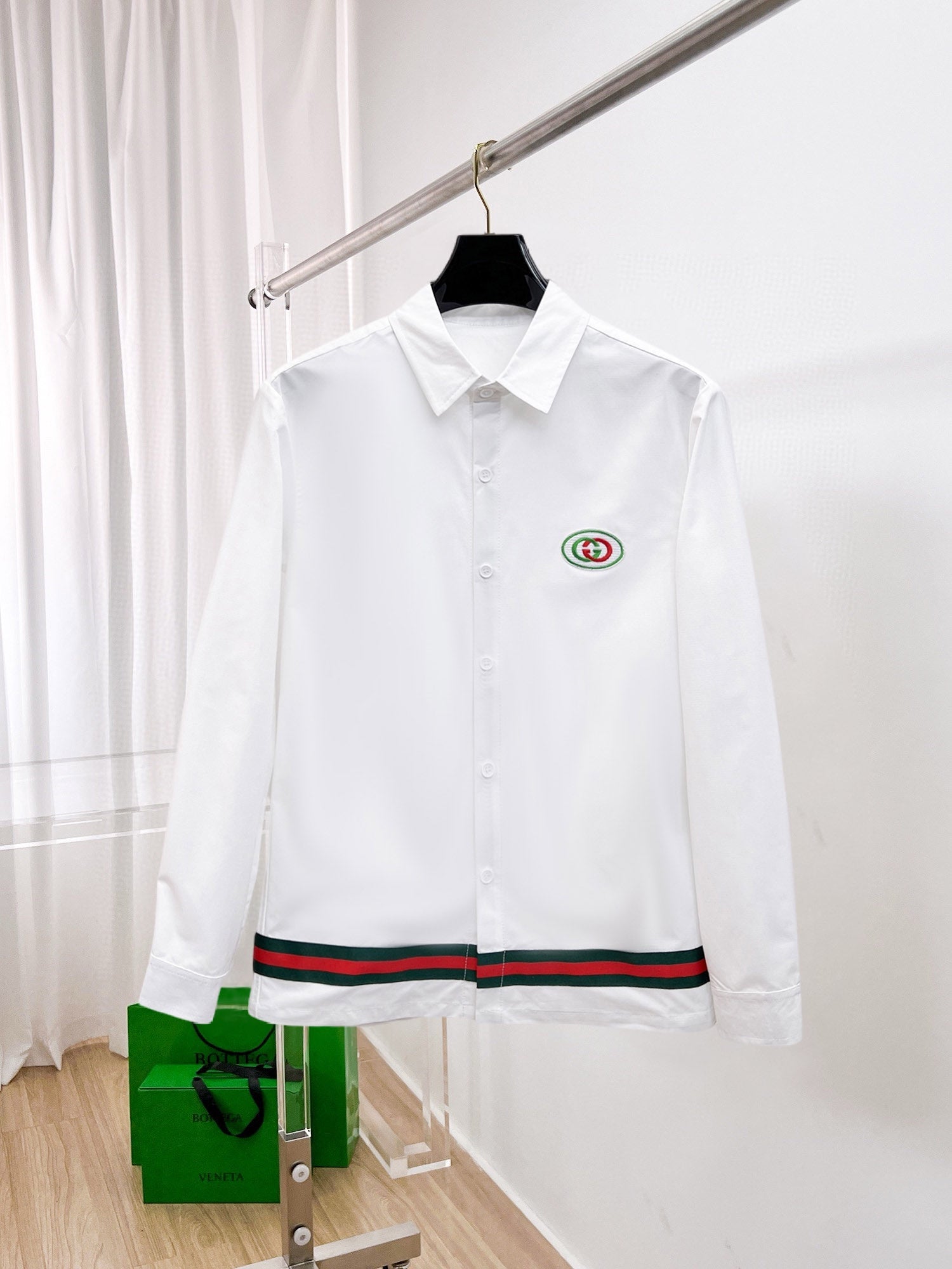 Gucci 2026 SS GG Oval Emblem Web Stripe Long-Sleeve Shirt — White