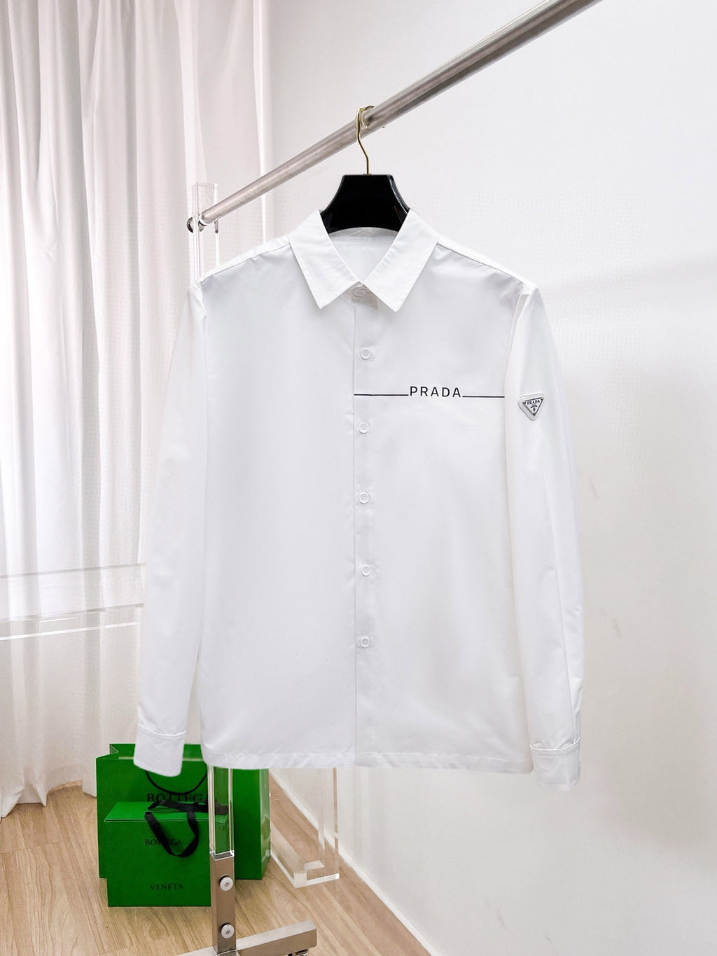 Prada 2026 SS Triangle Logo Line-Print Long-Sleeve Shirt — White