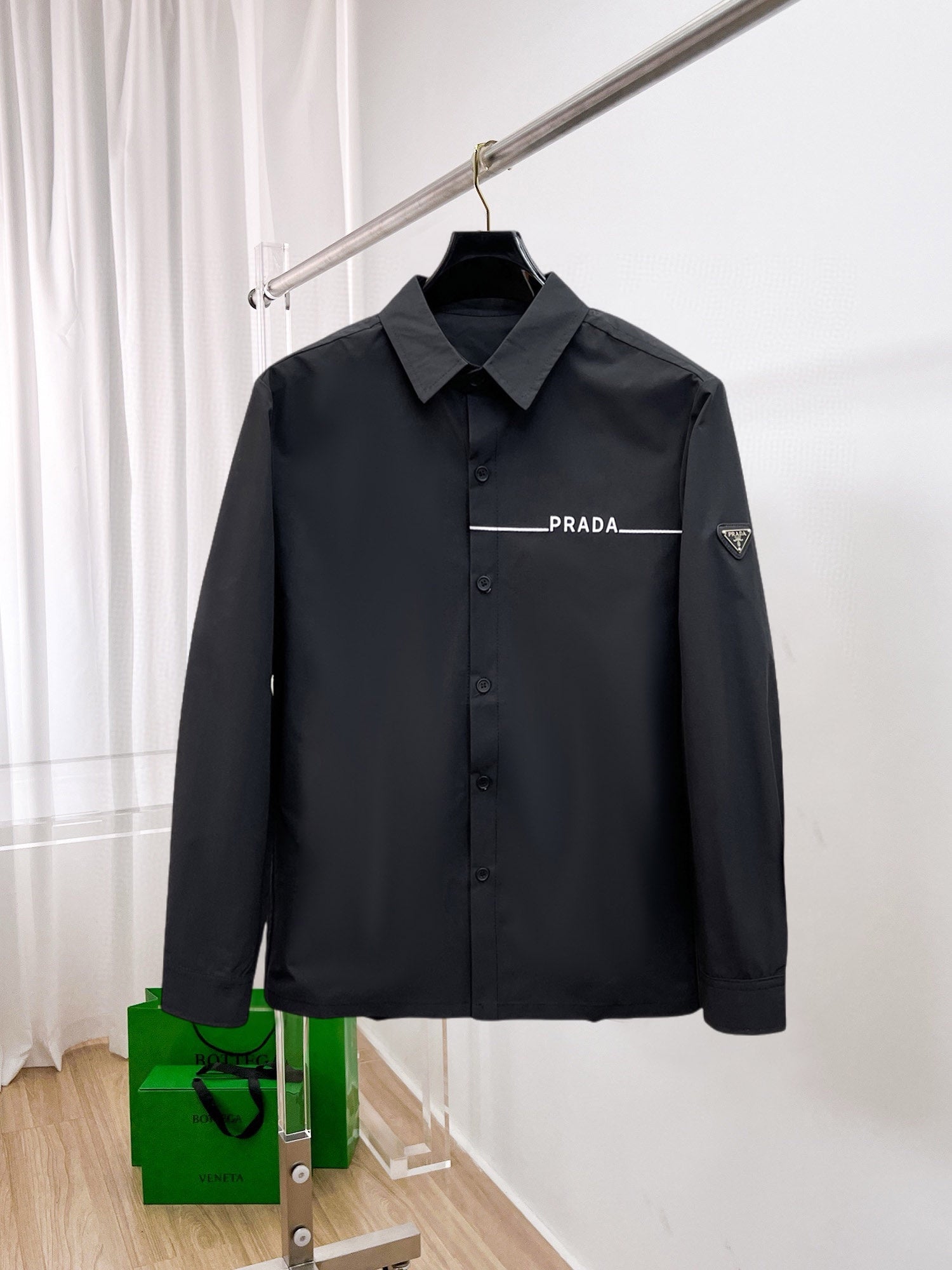 Prada 2026 SS Triangle Logo Line-Print Long-Sleeve Shirt — Black