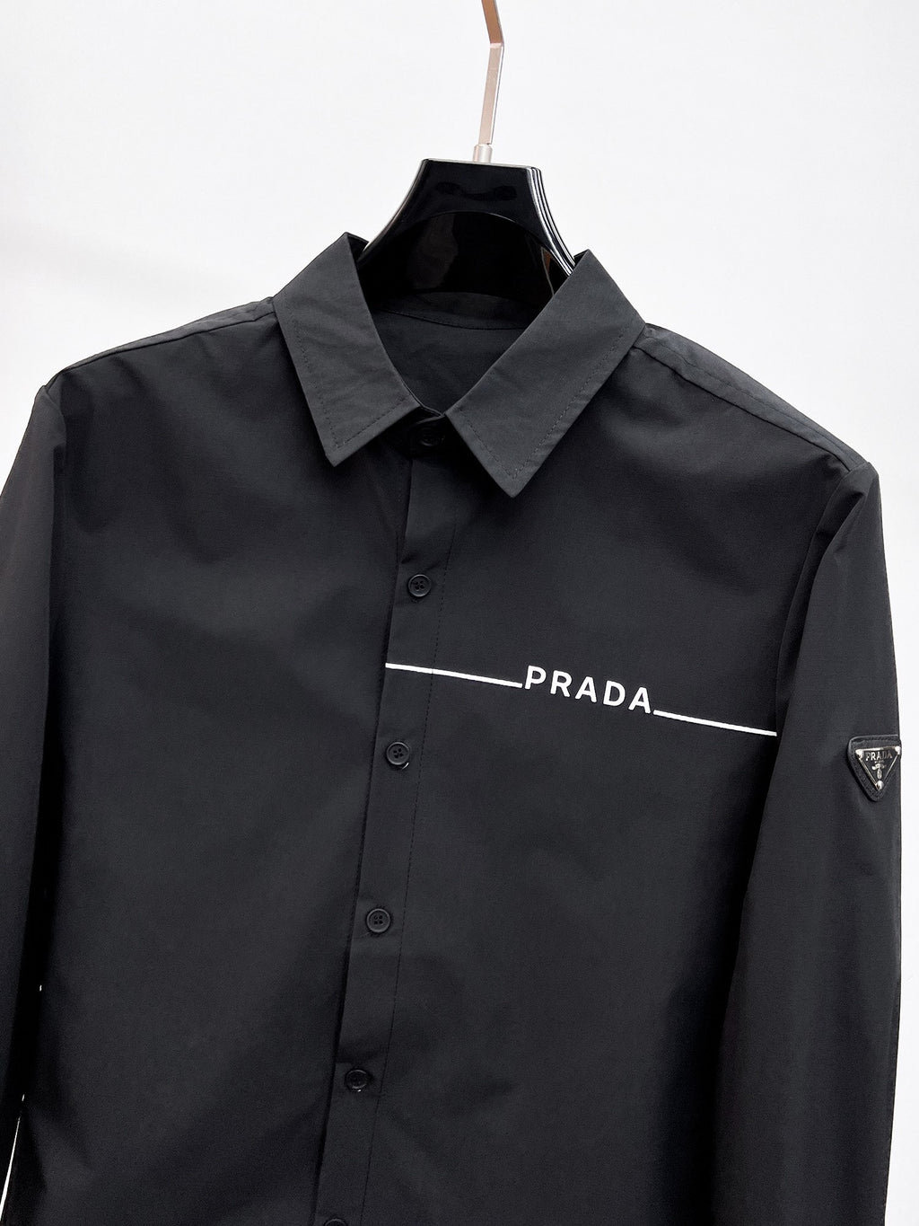 Prada 2026 SS Triangle Logo Line-Print Long-Sleeve Shirt — Black