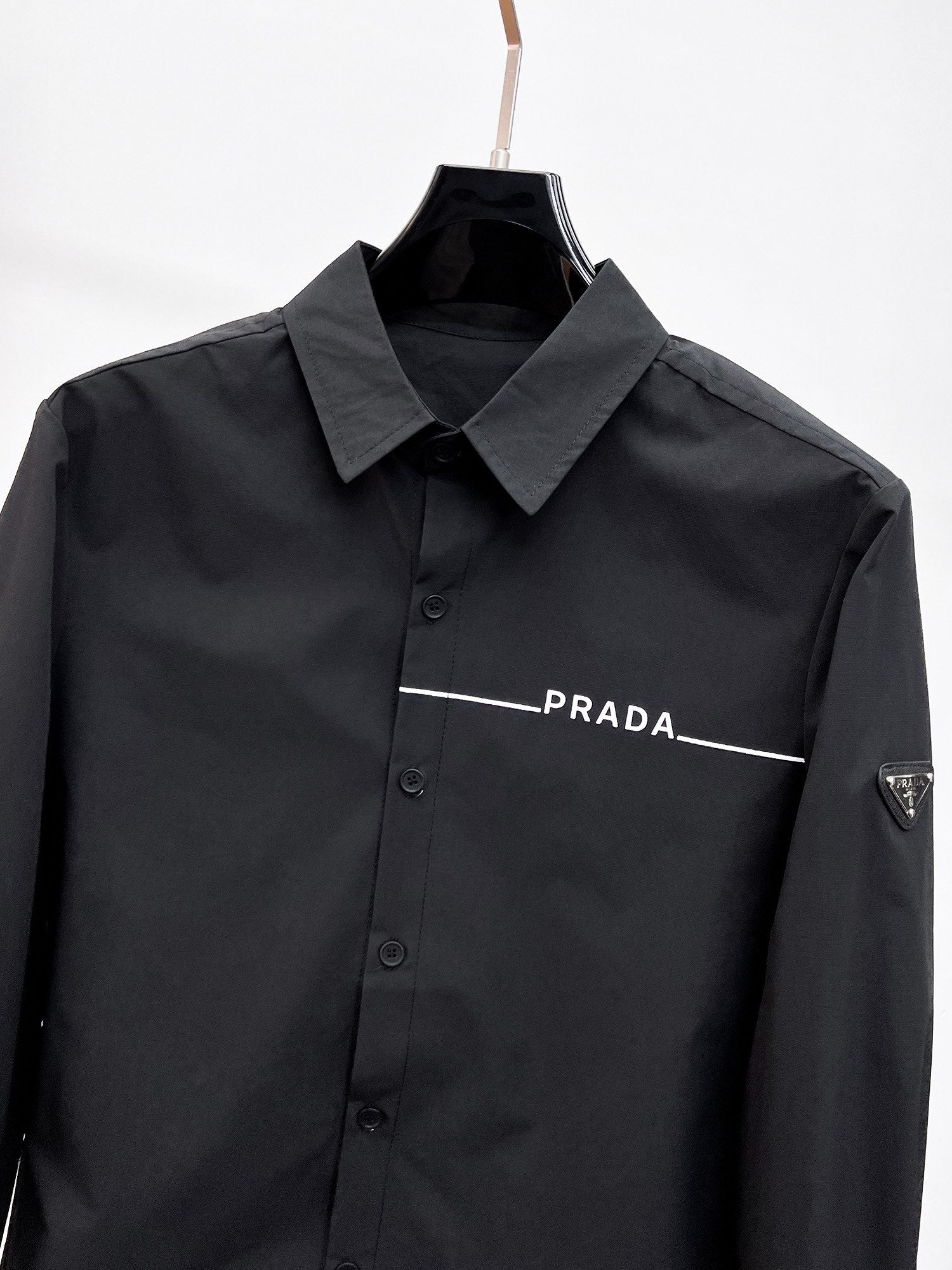 Prada 2026 SS Triangle Logo Line-Print Long-Sleeve Shirt — Black