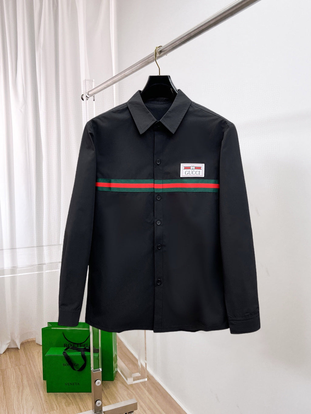 Gucci 2026 SS GG Web Stripe Label Long-Sleeve Shirt — Black