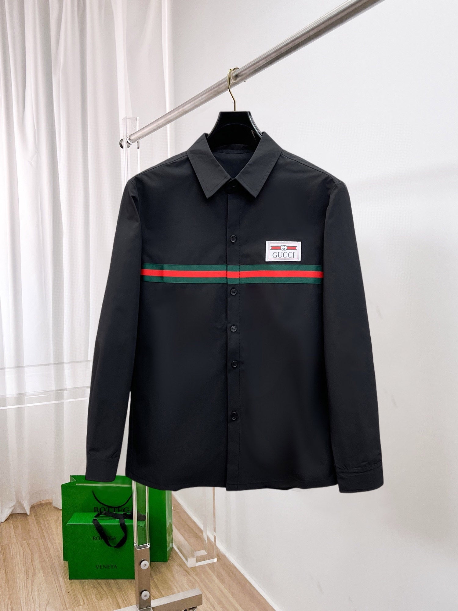 Gucci 2026 SS GG Web Stripe Label Long-Sleeve Shirt — Black