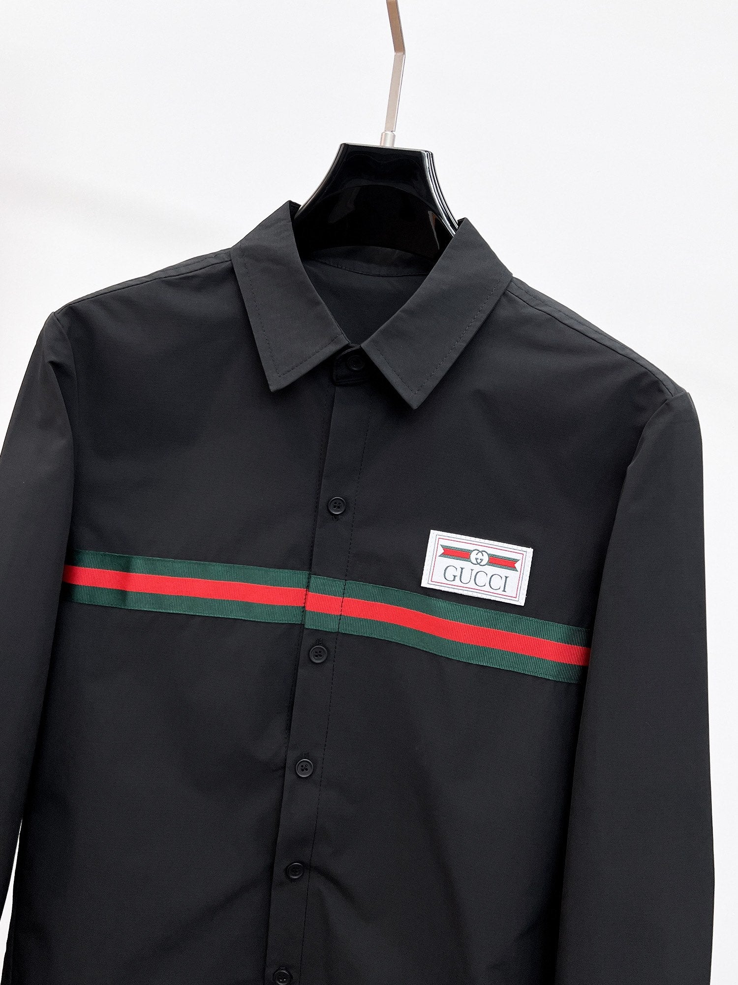 Gucci 2026 SS GG Web Stripe Label Long-Sleeve Shirt — Black