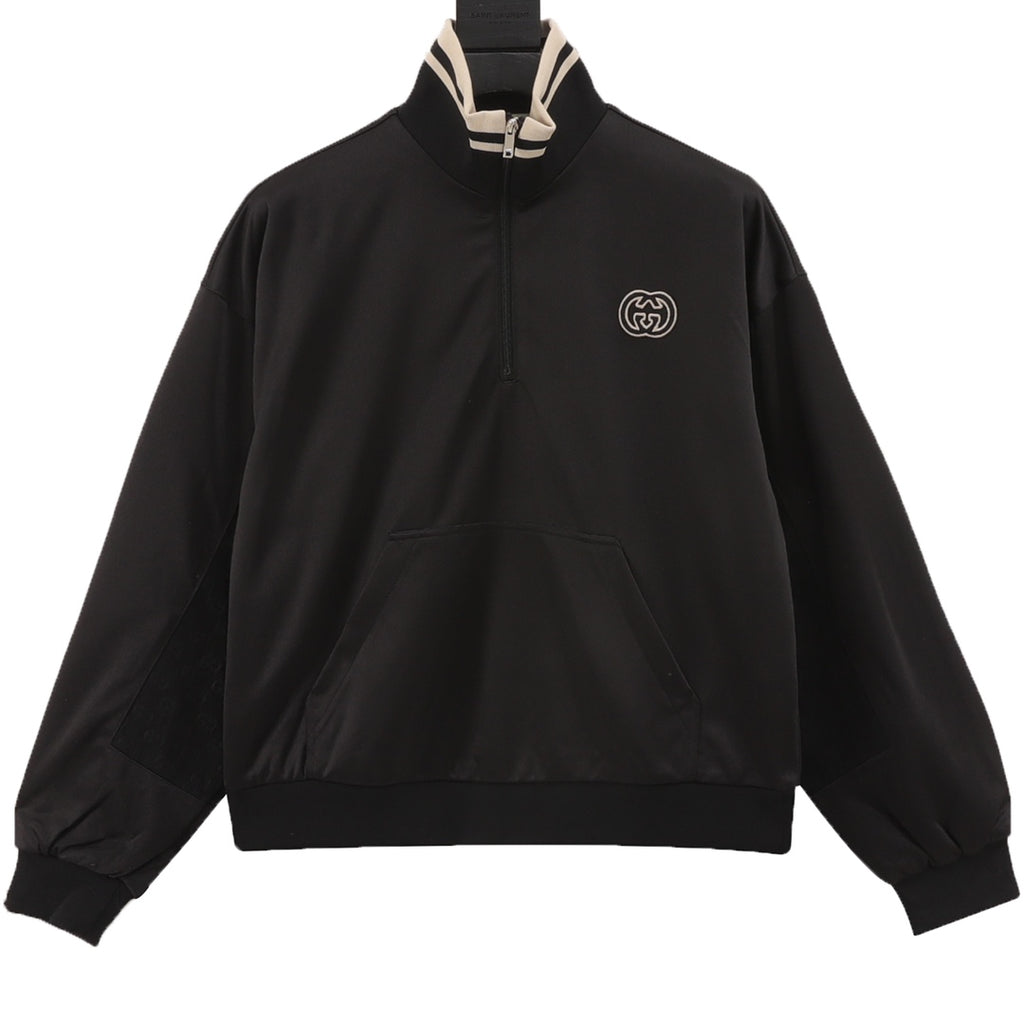 Gucci Interlocking GG Embroidered Half-Zip Cotton Sweatshirt — Black