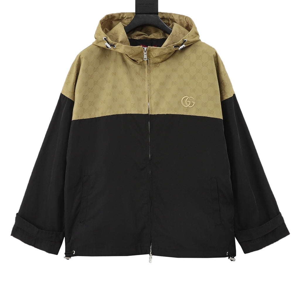 Gucci GG Jacquard Canvas Colourblock Hooded Windbreaker Jacket — Beige/Black