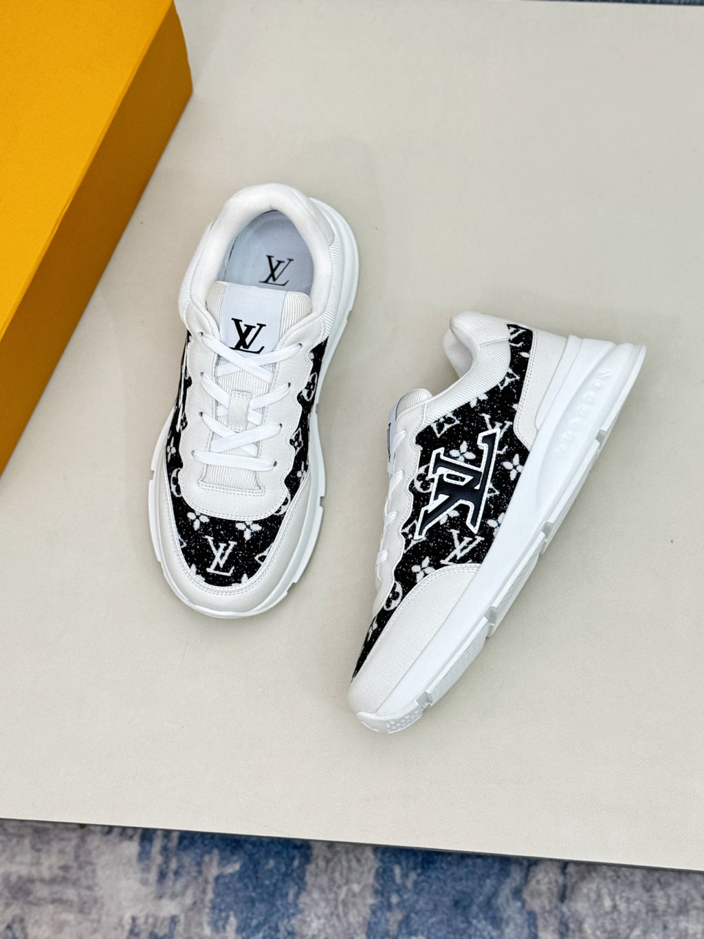 Louis Vuitton Sneakers - White with Black Glitter LV Monogram