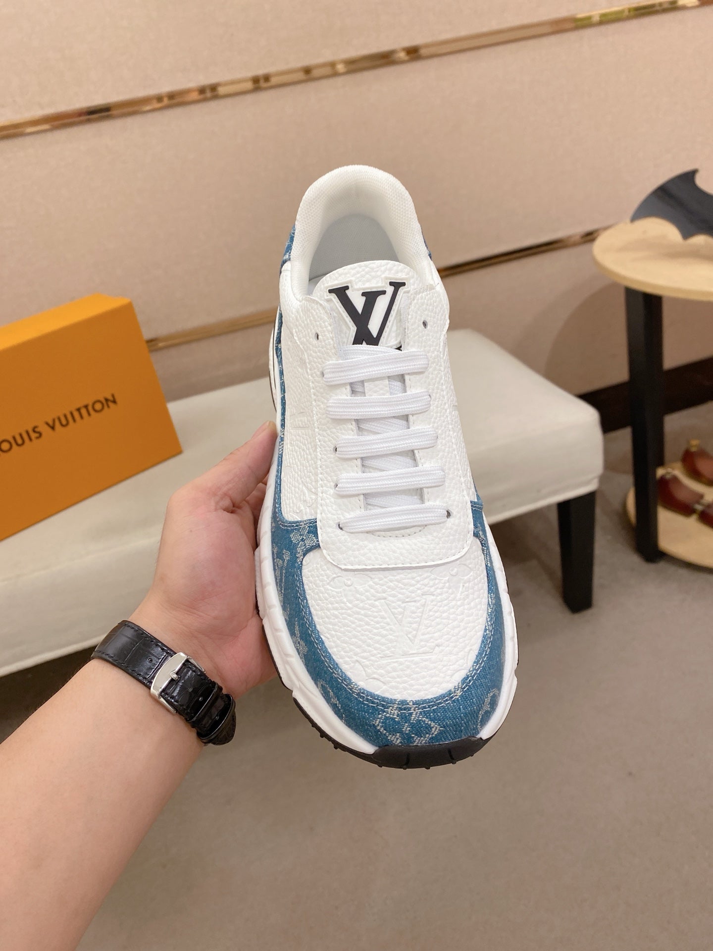 LV Monogram Denim Sneakers - White & Blue