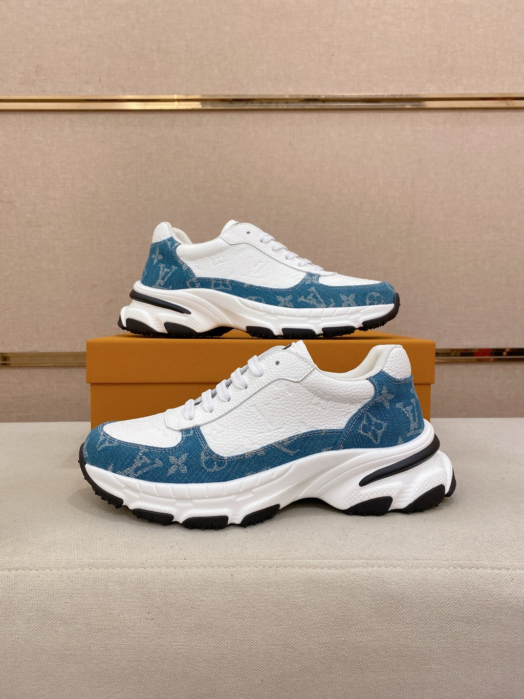 Louis Vuitton Run Away Sneakers - White with Teal Denim Monogram