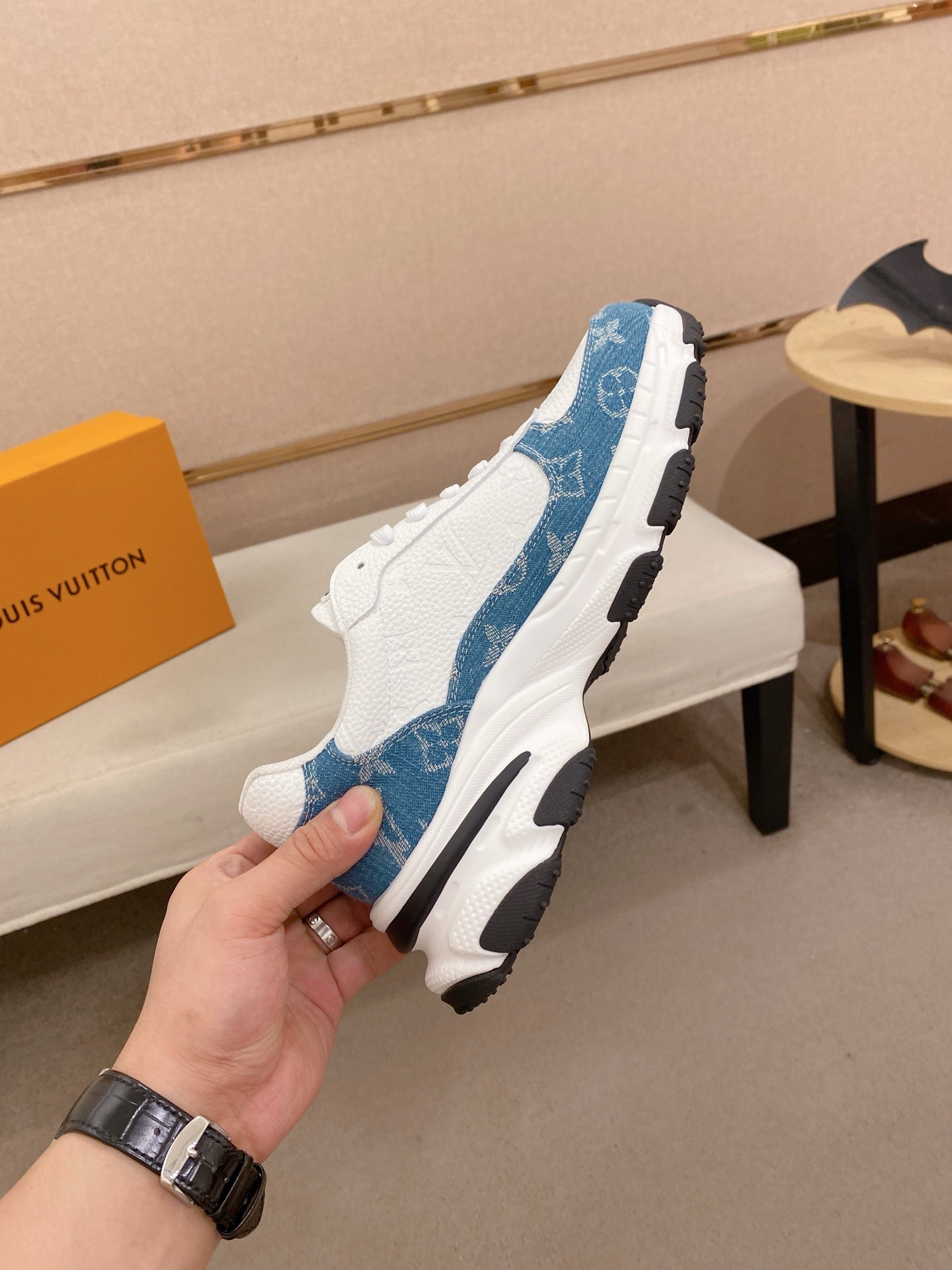 LV Monogram Denim Sneakers - White & Blue
