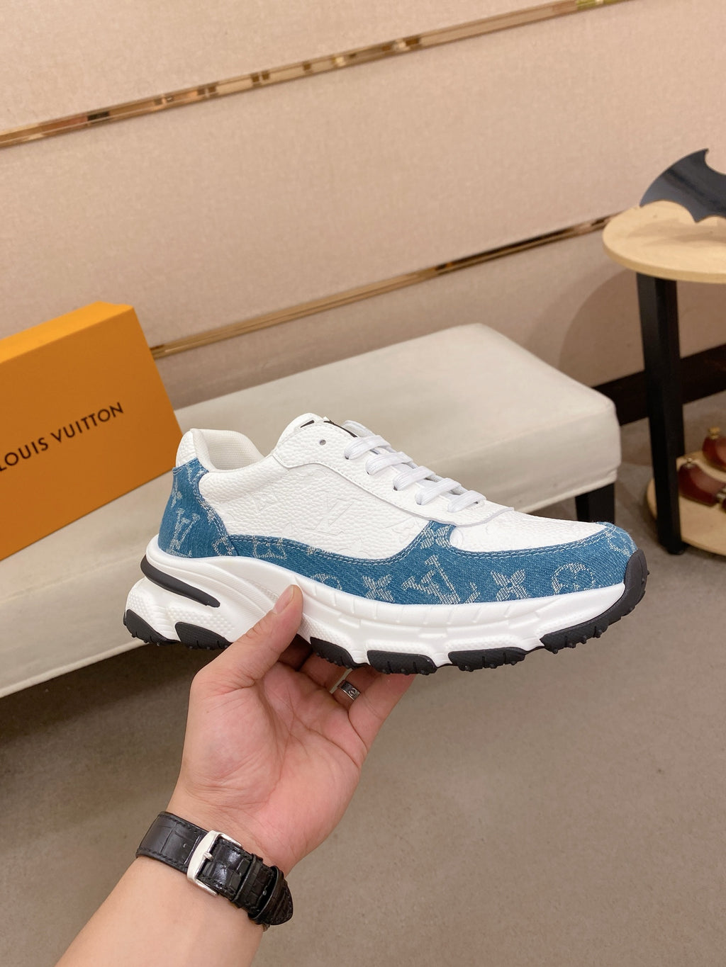 LV Monogram Denim Sneakers - White & Blue