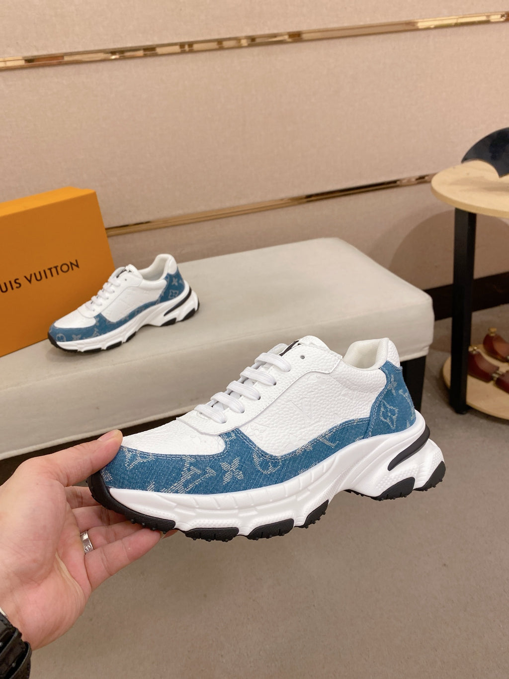 Louis Vuitton Run Away Sneakers - White with Teal Denim Monogram