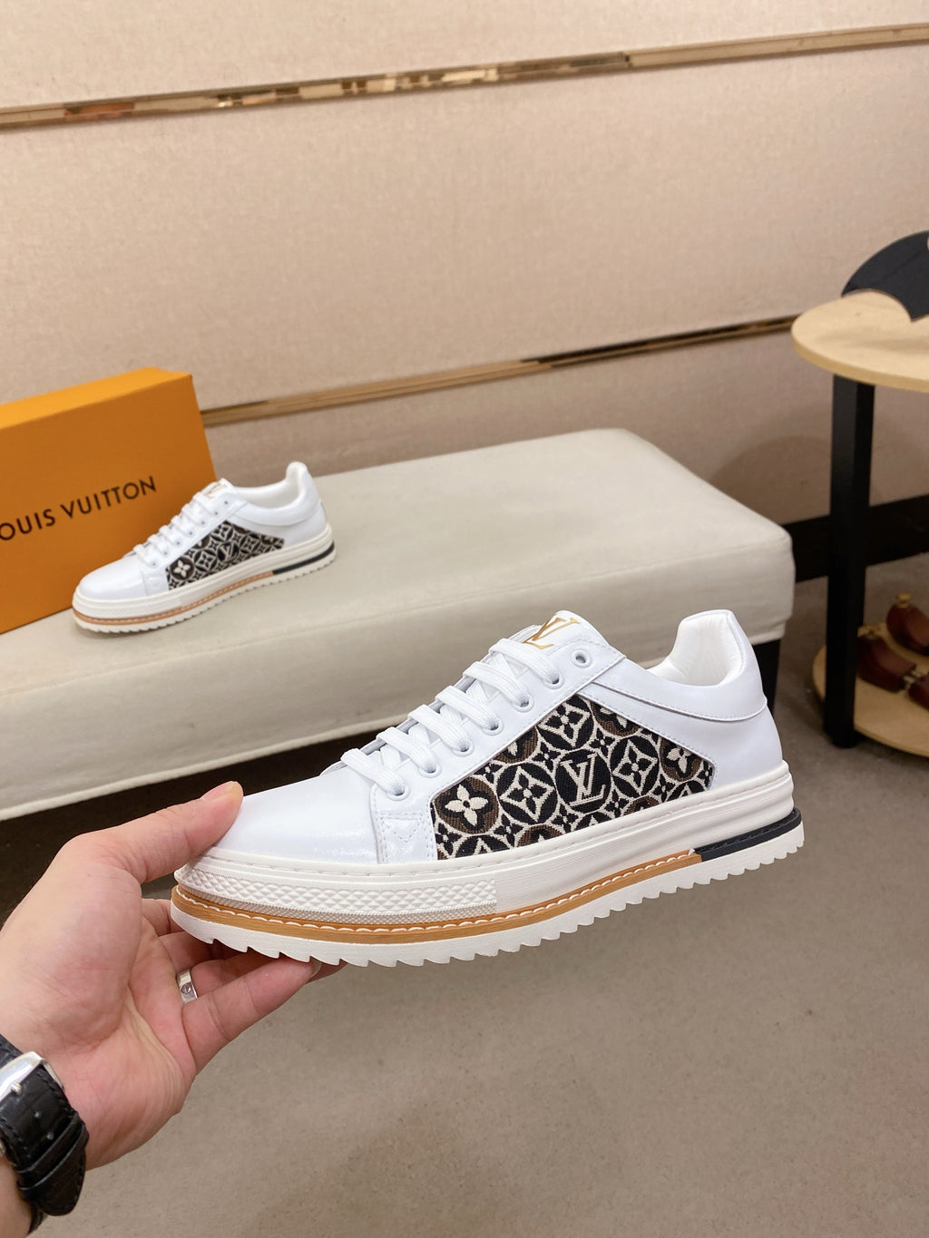 LV Monogram Platform Sneakers - White & Black