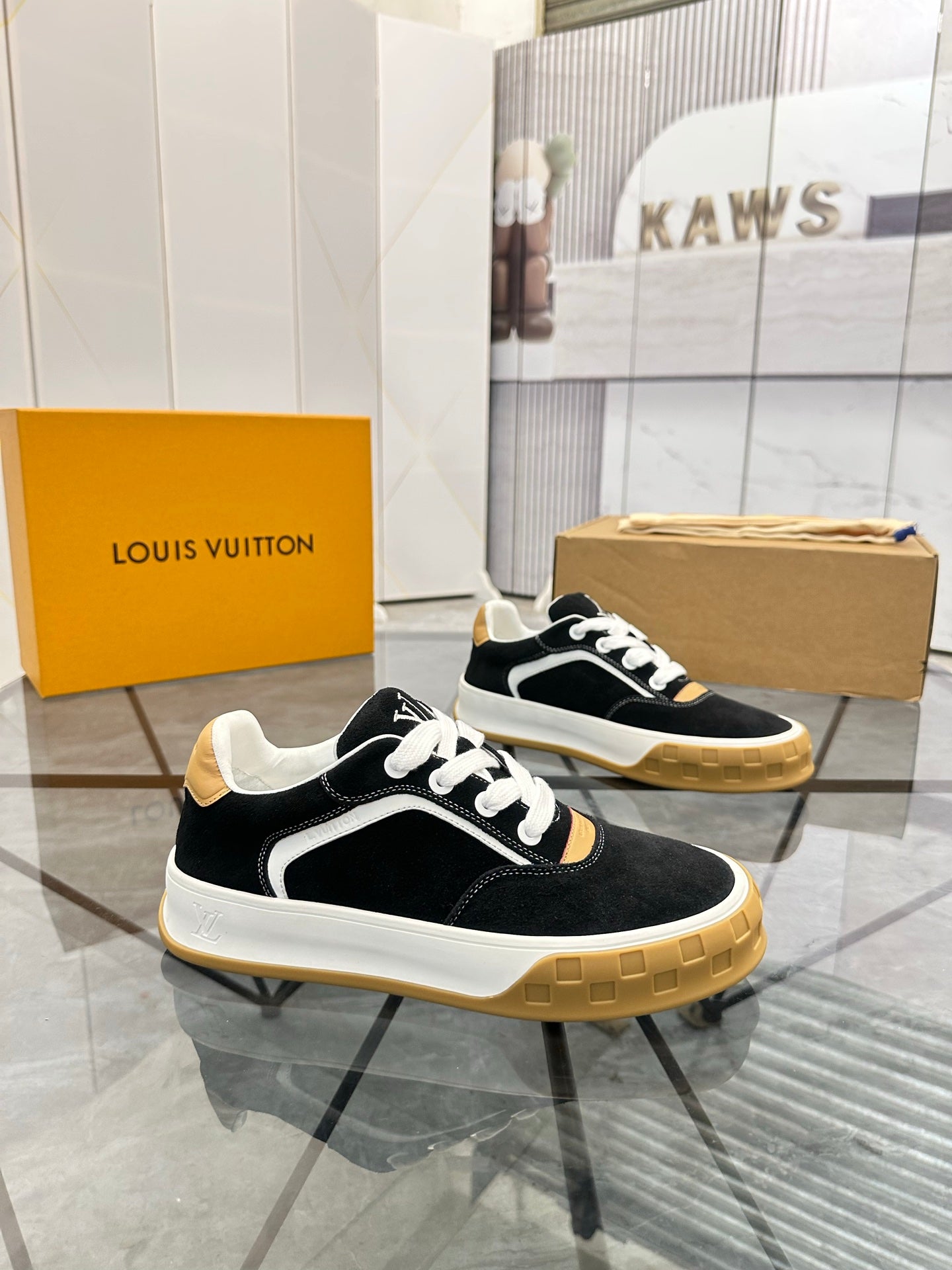 LV Platform Sneakers - Black, White & Gold