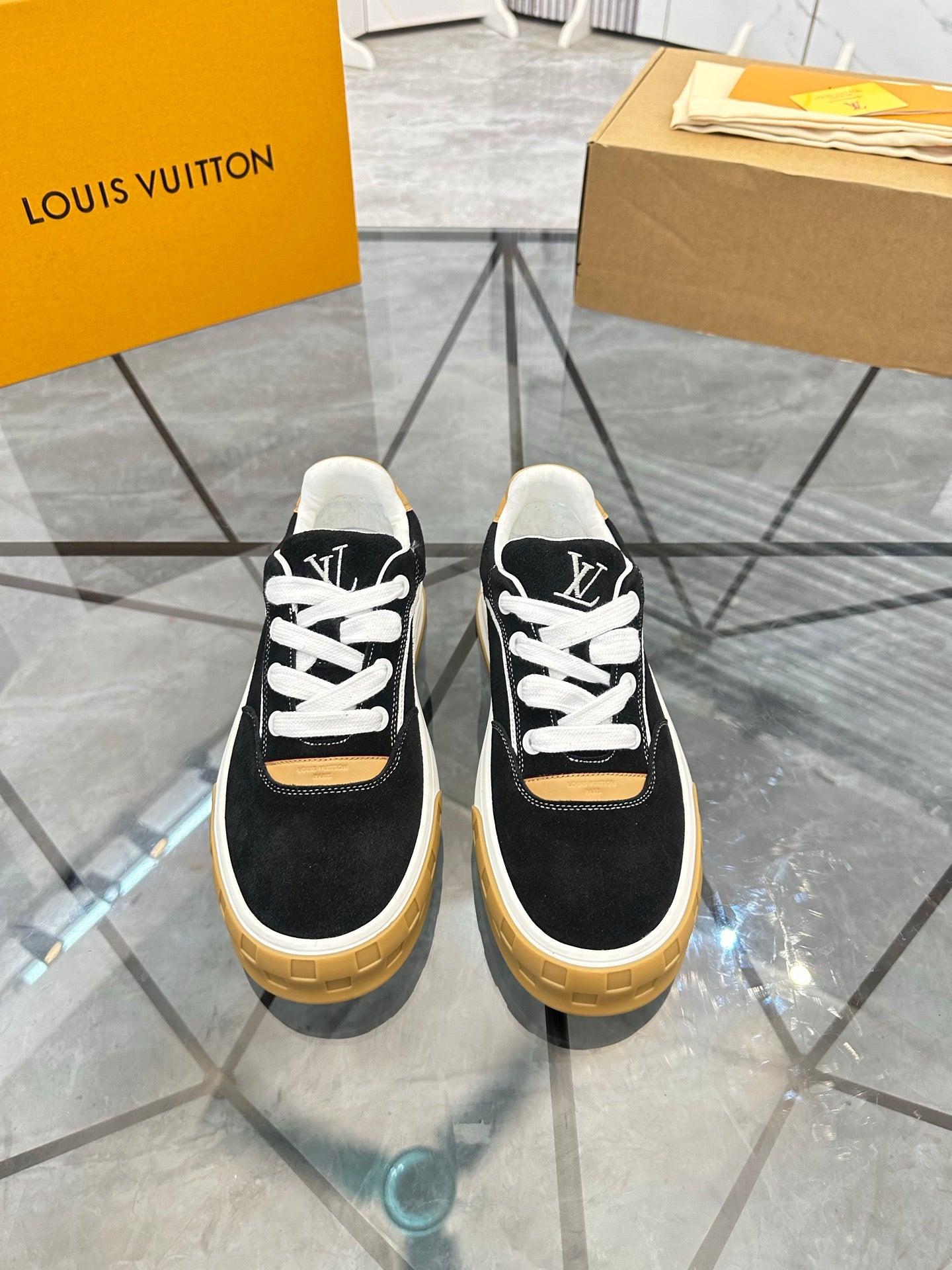 LV Platform Sneakers - Black, White & Gold