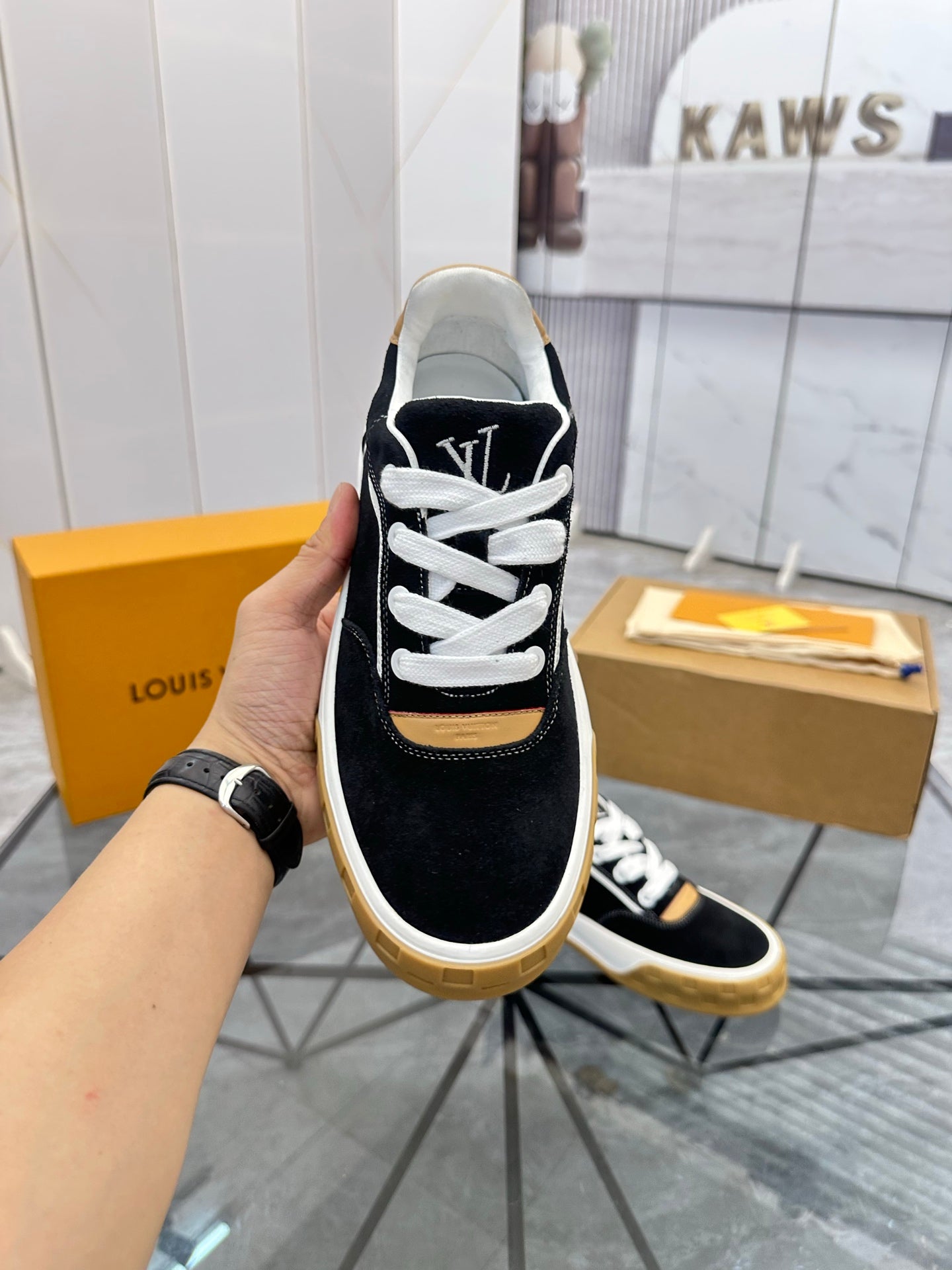 LV Platform Sneakers - Black, White & Gold