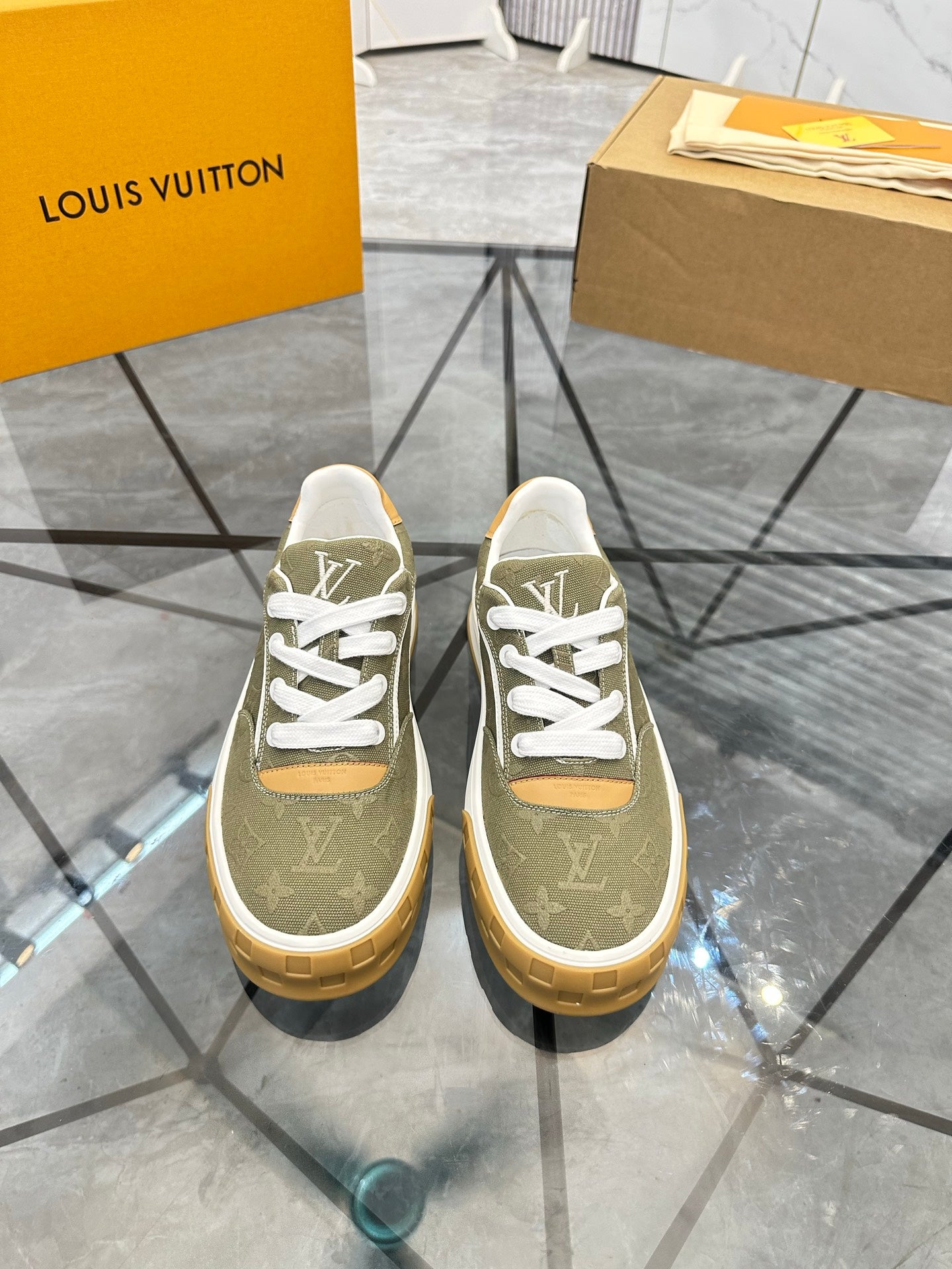 LV Platform Sneakers - Olive Green & Tan