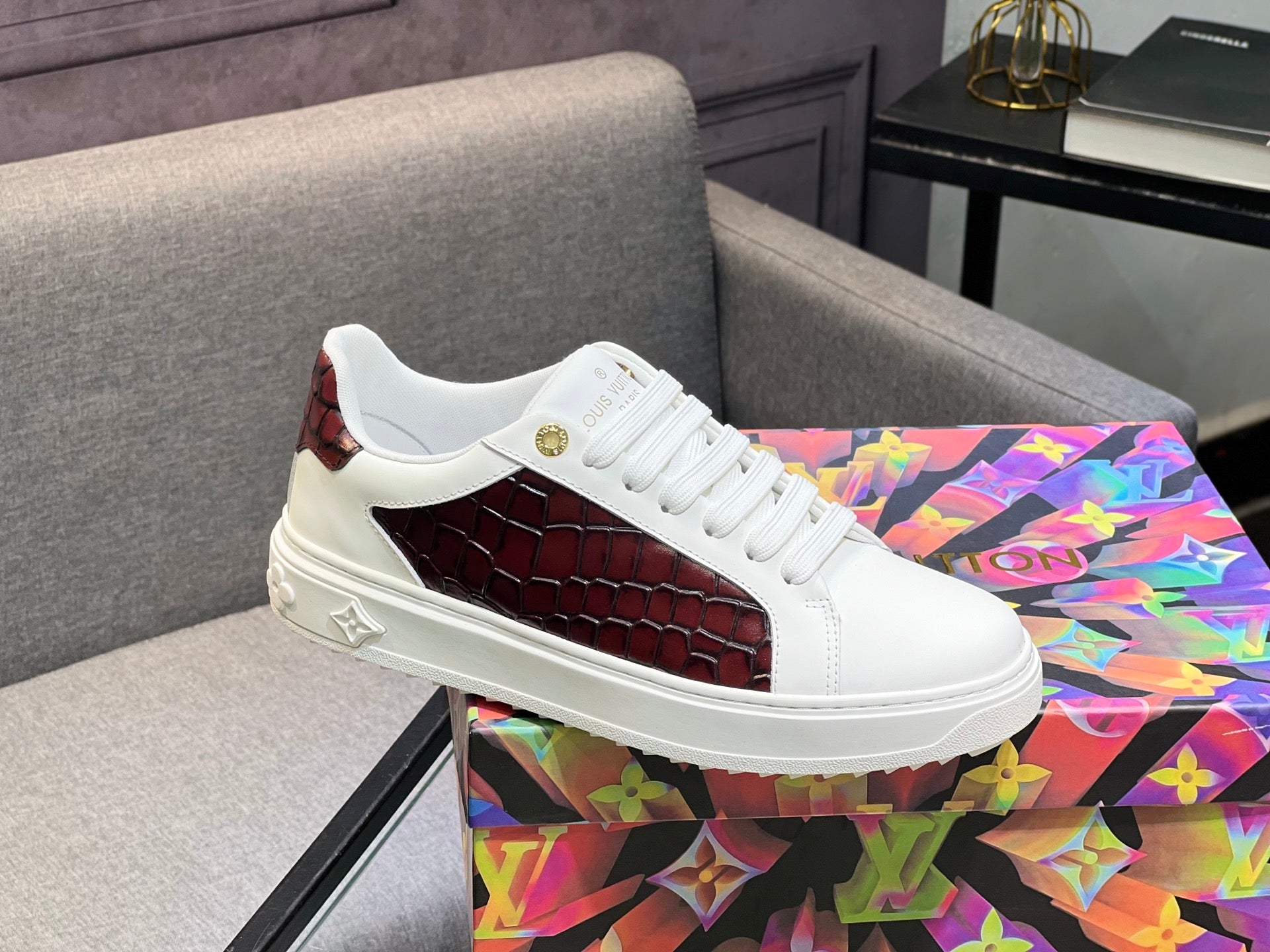 LV Court Sneakers - White & Burgundy Croc