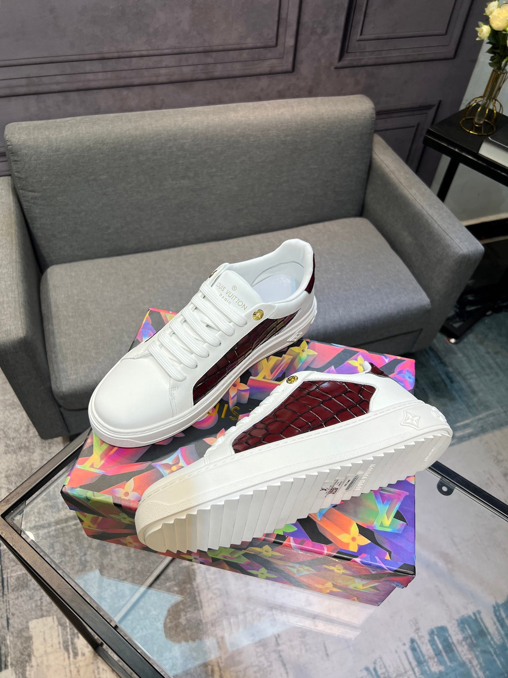 LV Court Sneakers - White & Burgundy Croc