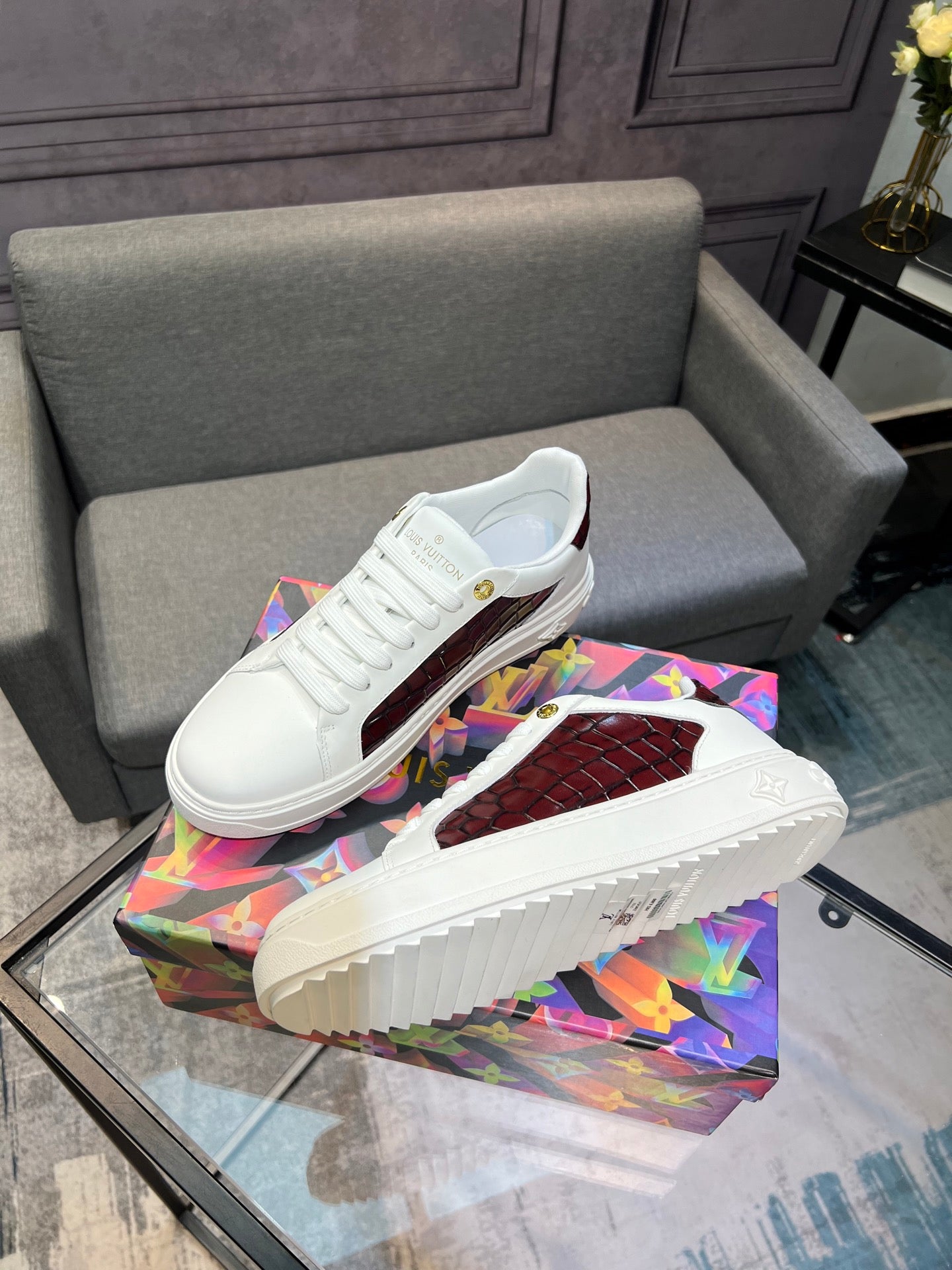 LV Court Sneakers - White & Burgundy Croc