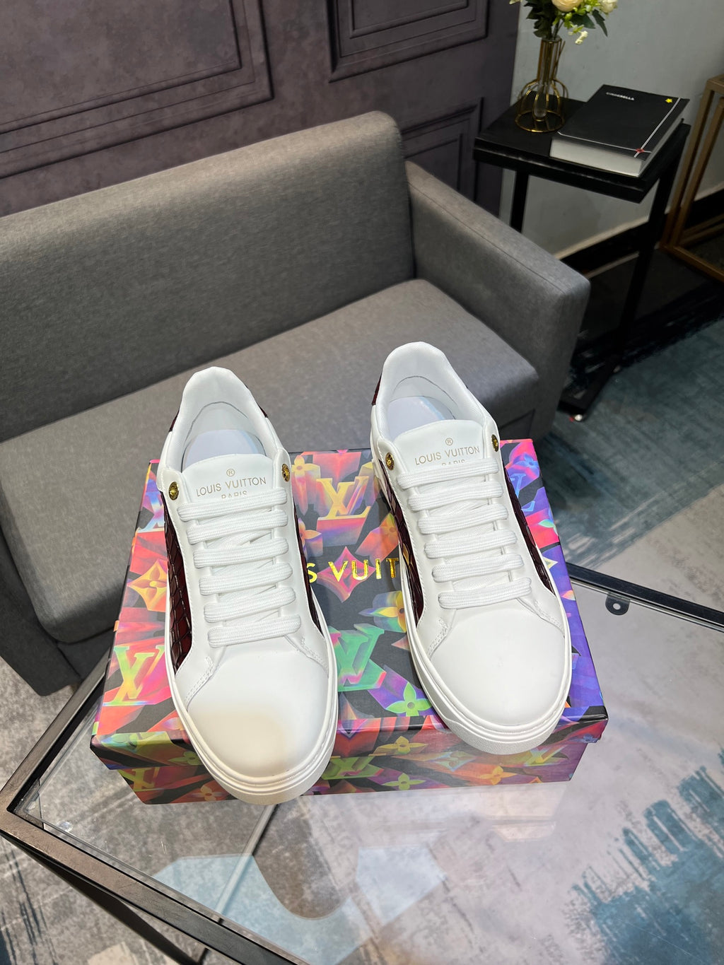 LV Court Sneakers - White & Burgundy Croc