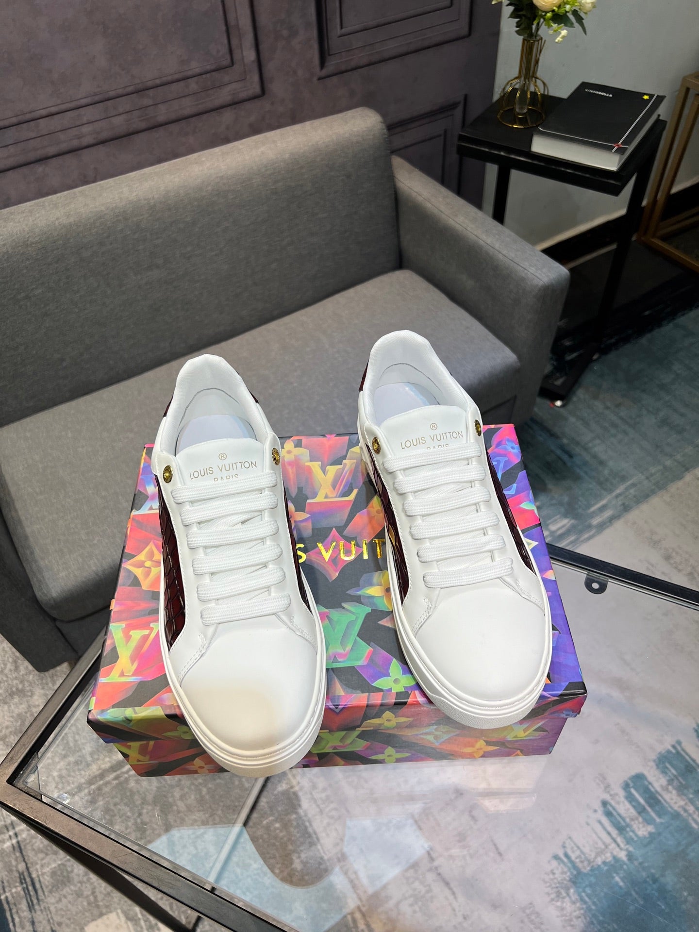 LV Court Sneakers - White & Burgundy Croc
