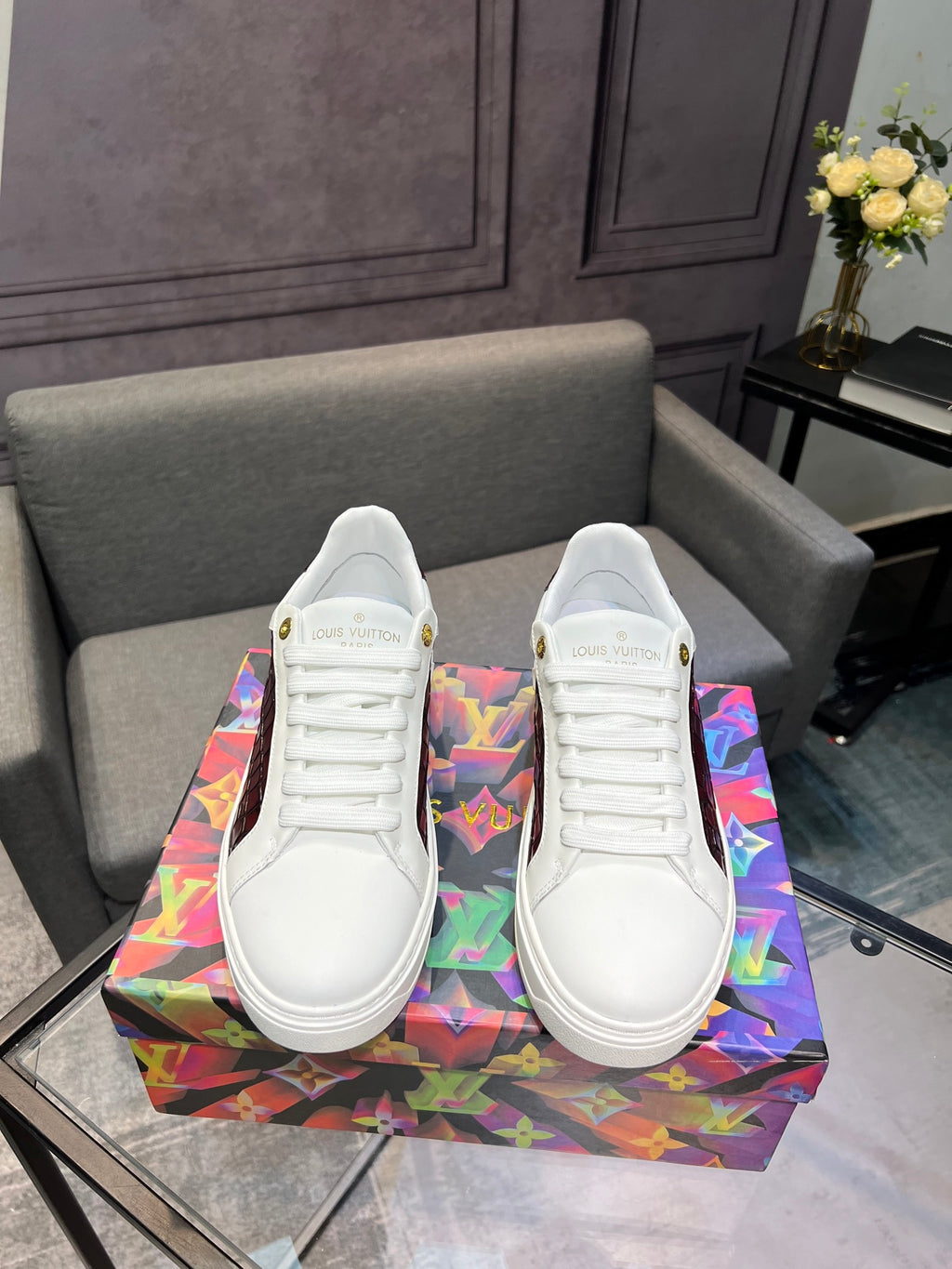 LV Court Sneakers - White & Burgundy Croc