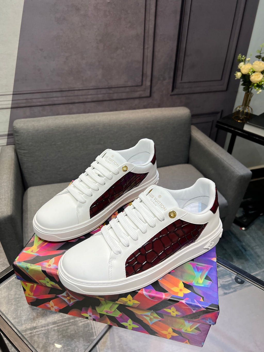 LV Court Sneakers - White & Burgundy Croc