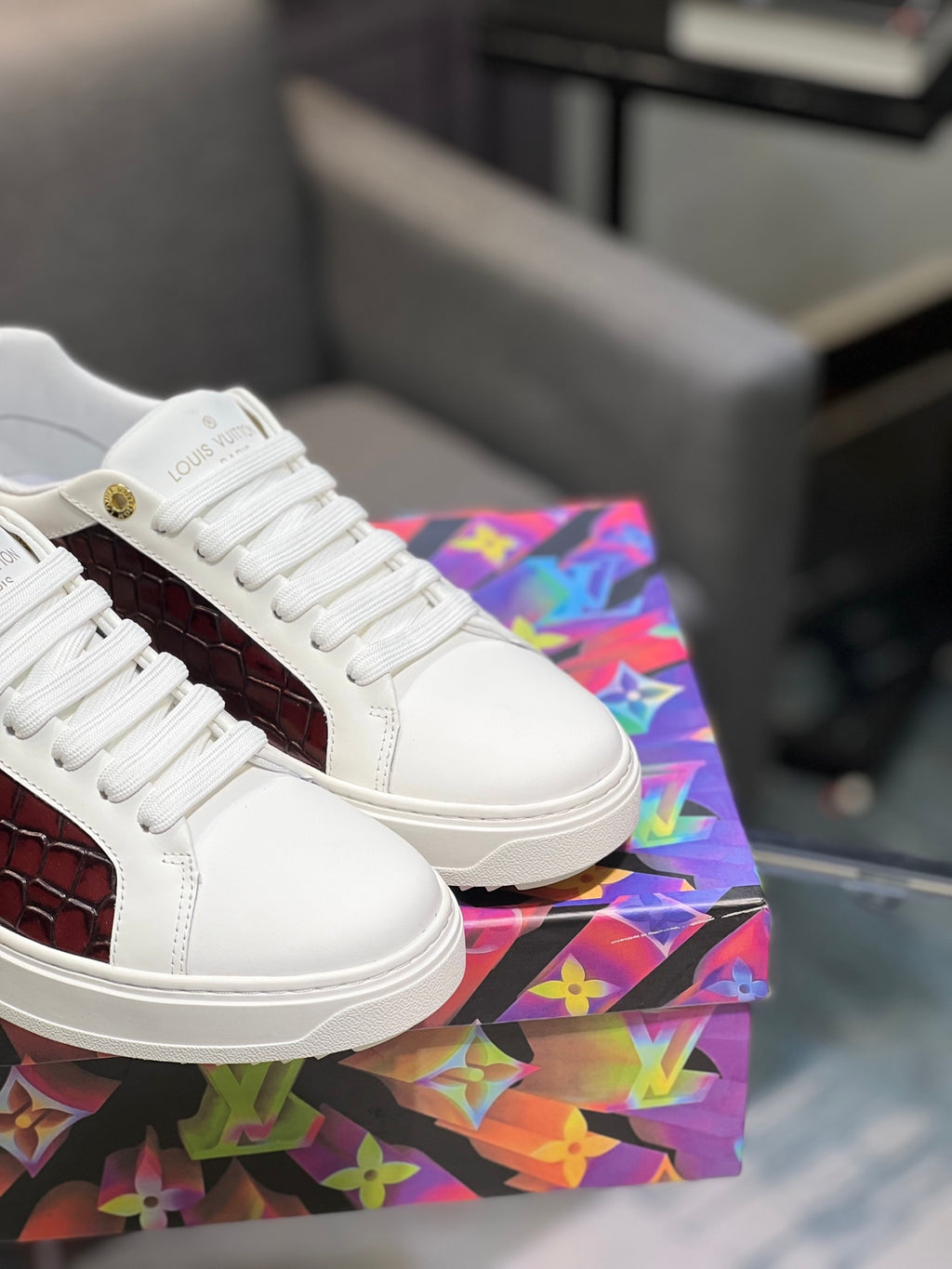 LV Court Sneakers - White & Burgundy Croc