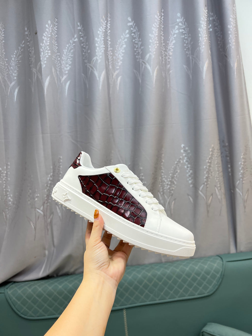 LV Court Sneakers - White & Burgundy Croc