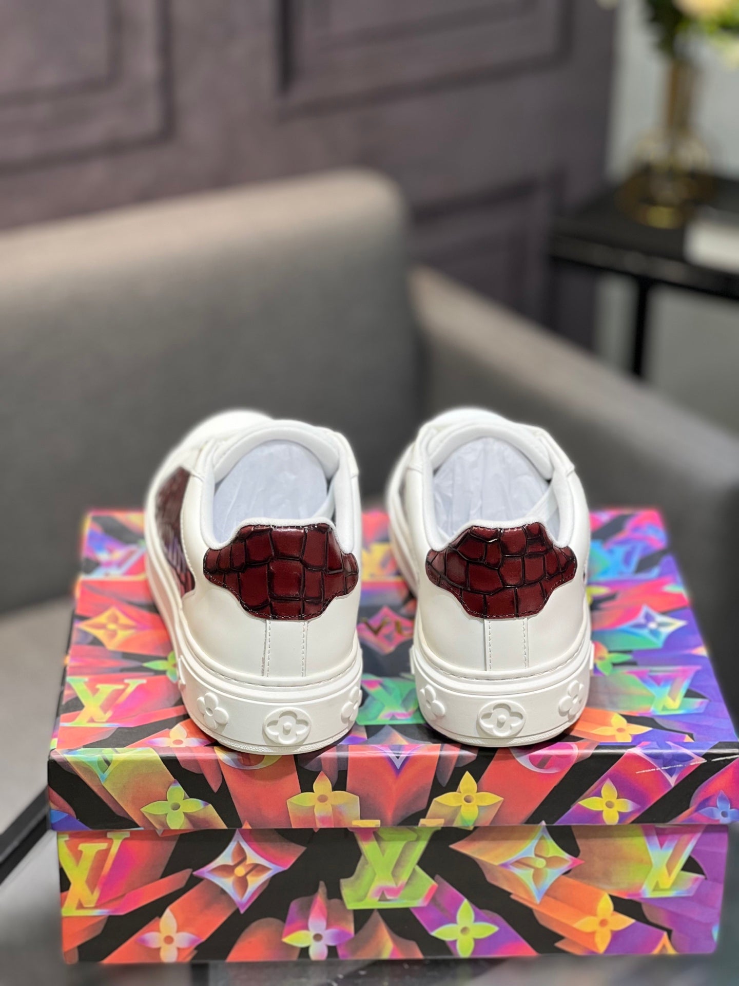 LV Court Sneakers - White & Burgundy Croc
