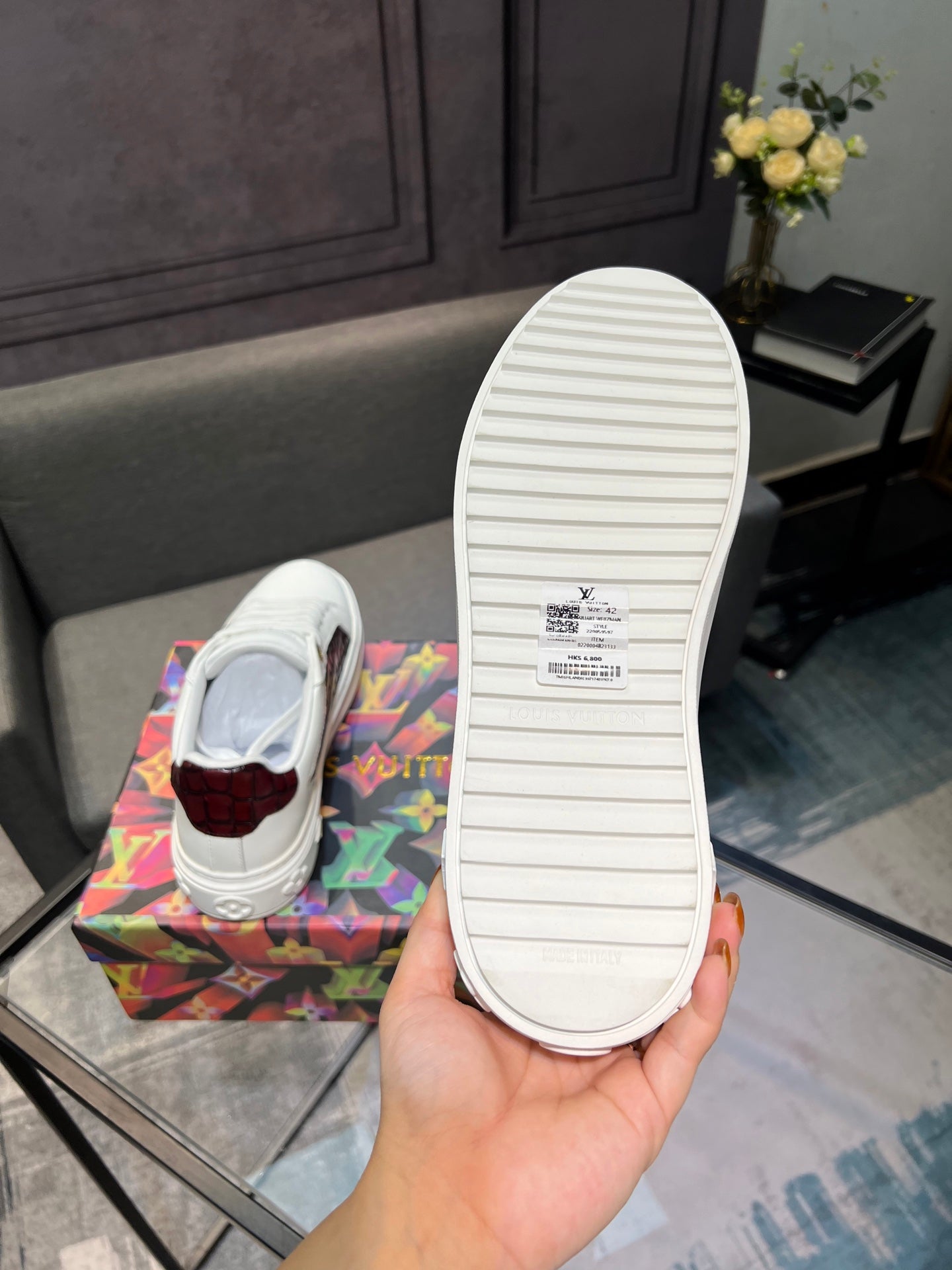 LV Court Sneakers - White & Burgundy Croc