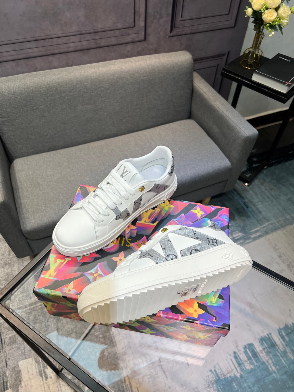 LV Court Sneakers - White & Silver Star