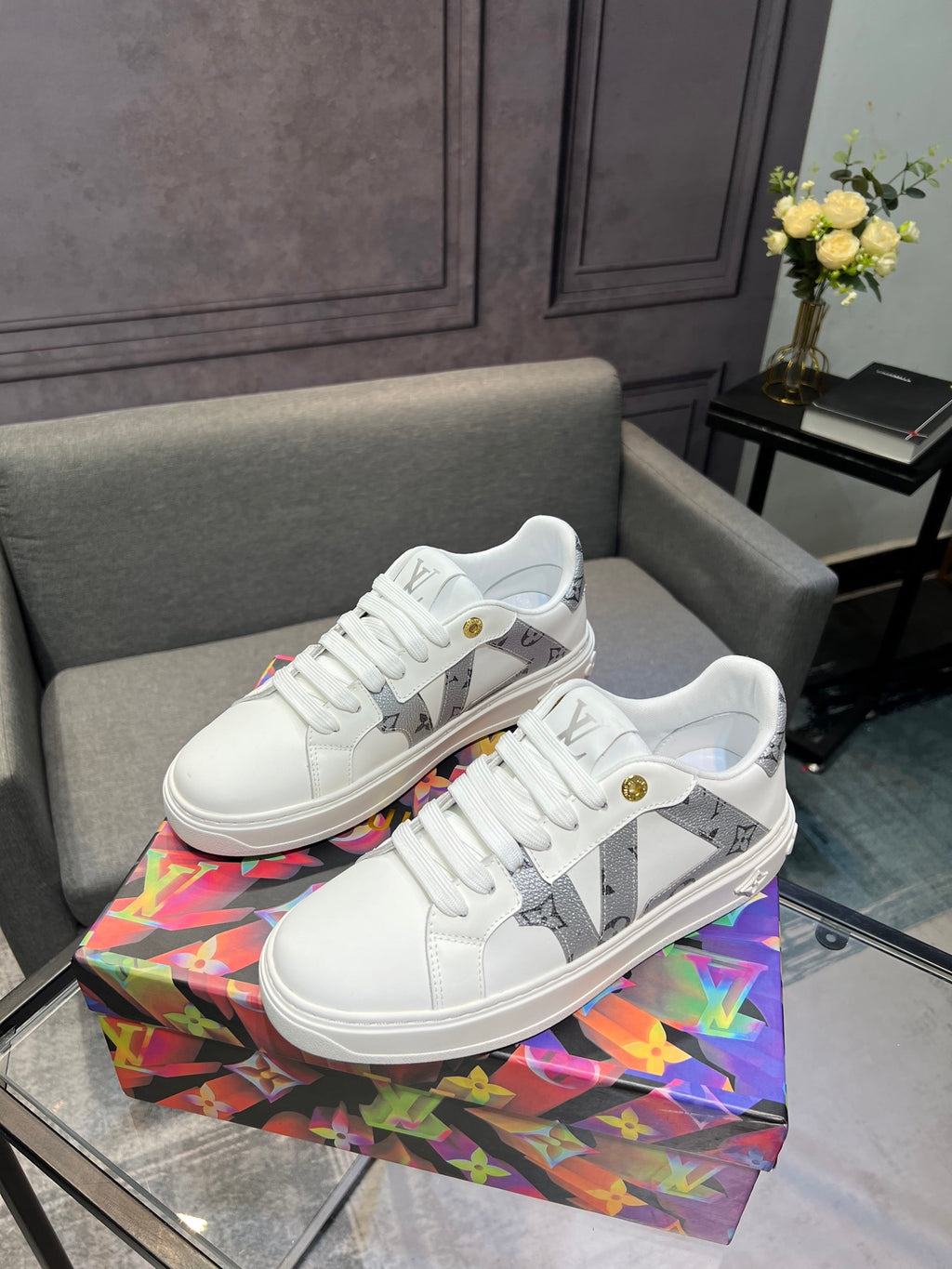 LV Court Sneakers - White & Silver Star