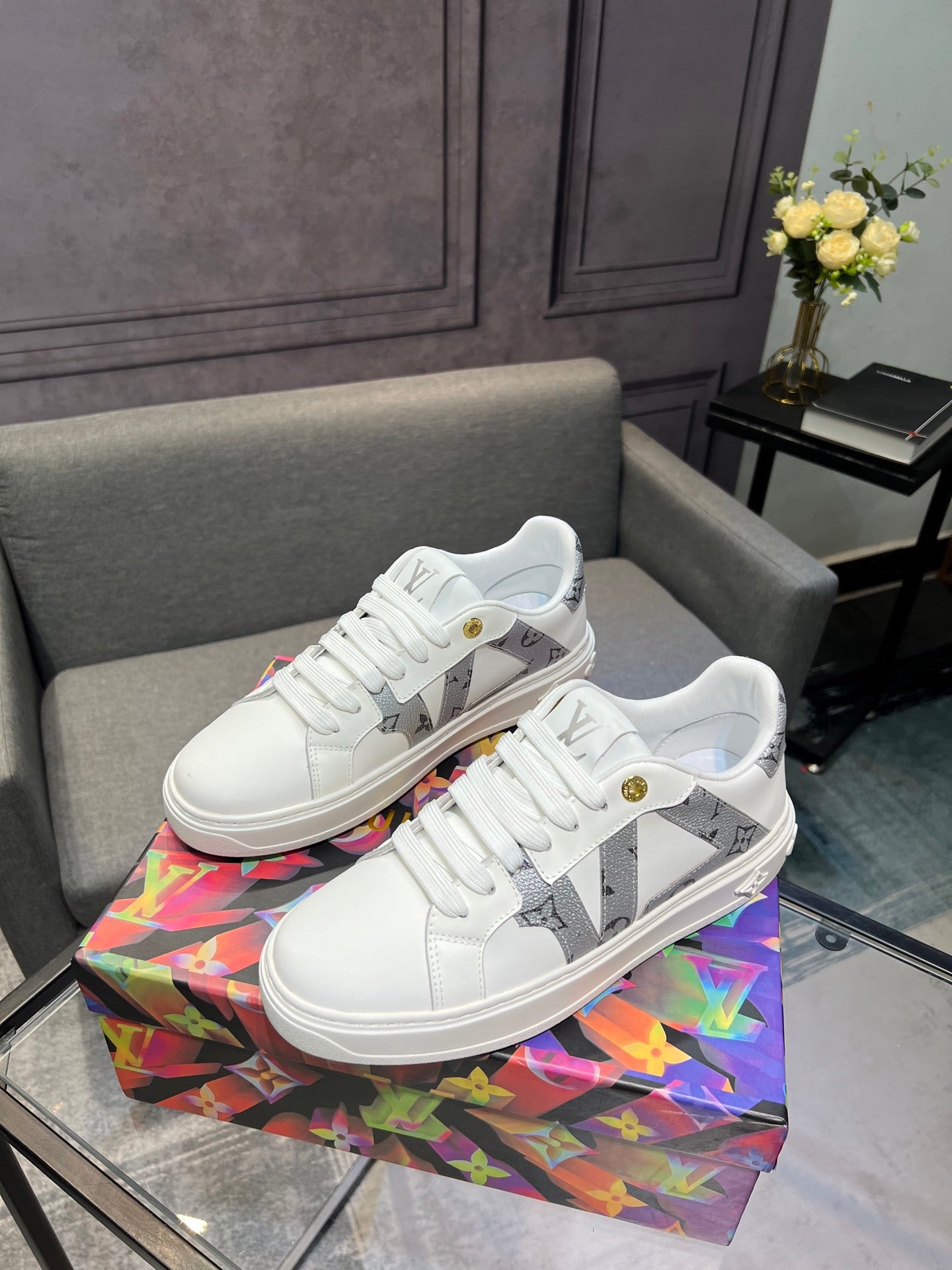 LV Court Sneakers - White & Silver Star