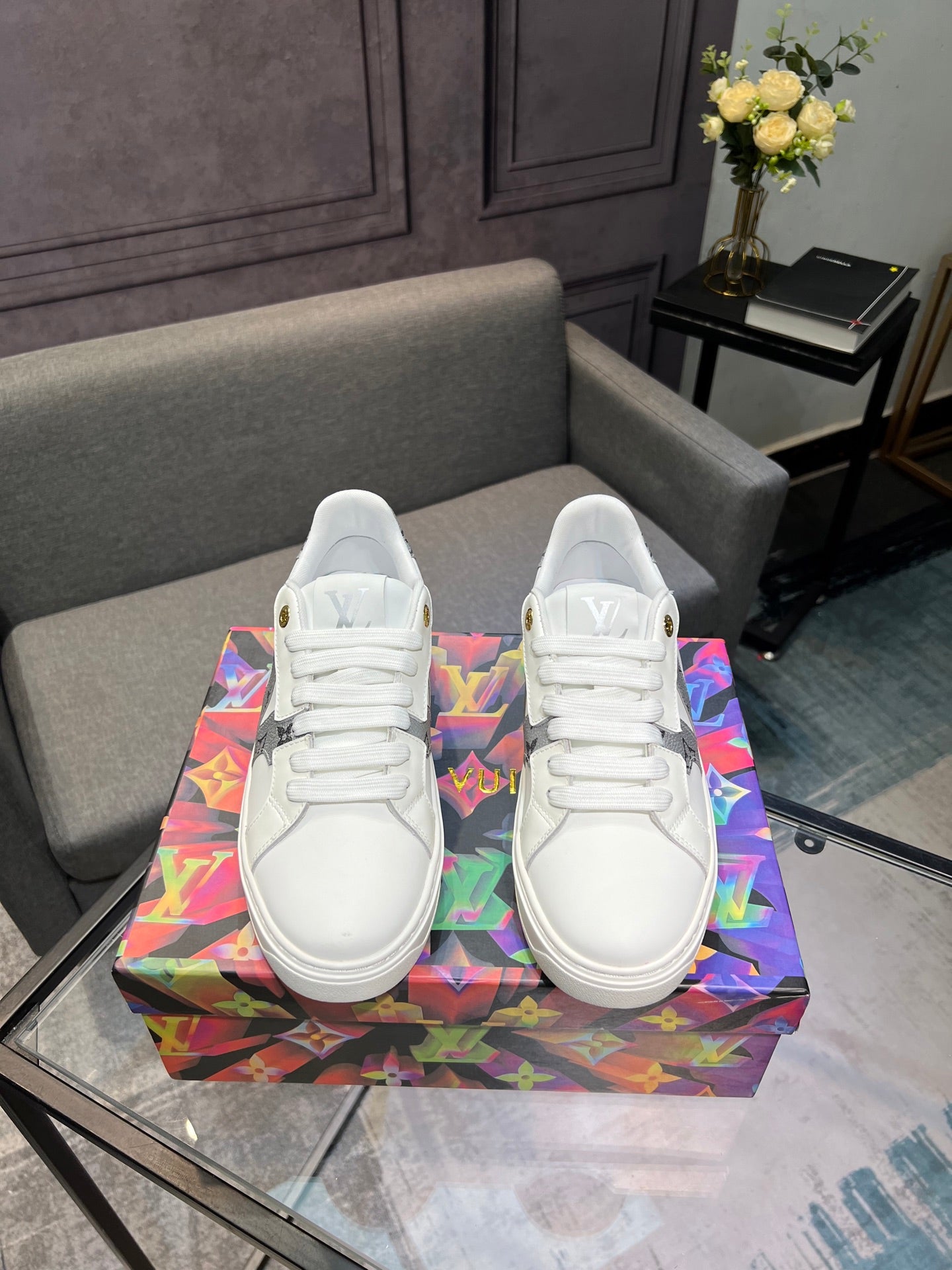 LV Court Sneakers - White & Silver Star