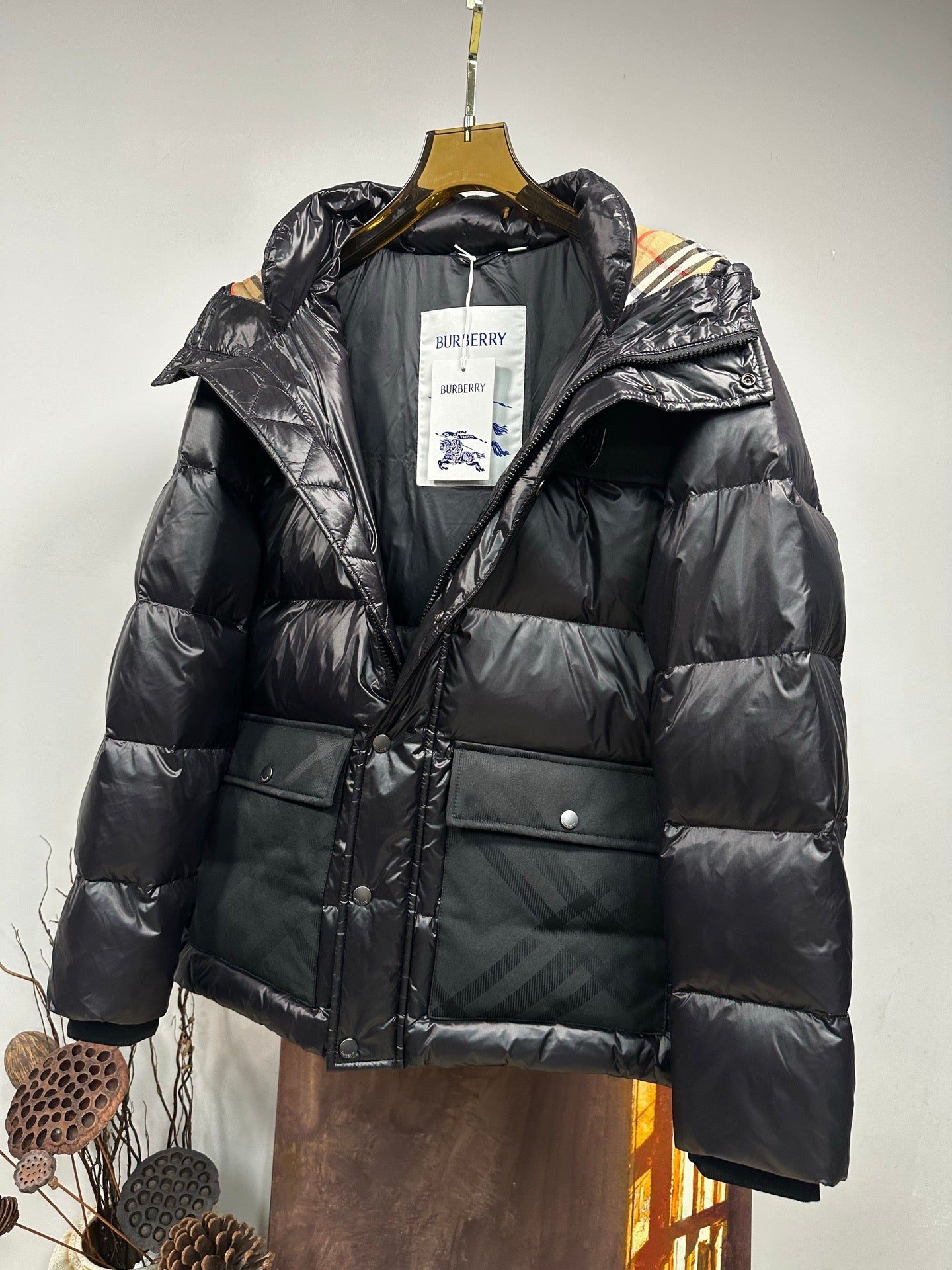 Burberry Check Panel Puffer Jacket Black
