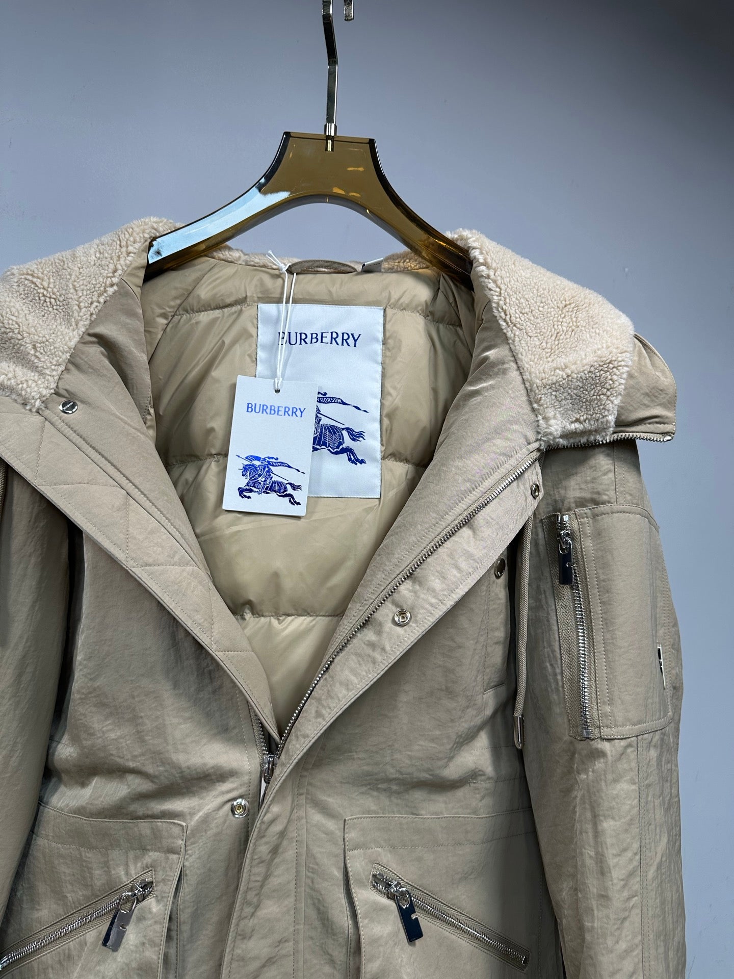 Burberry Beige Shearling Collar Puffer Jacket