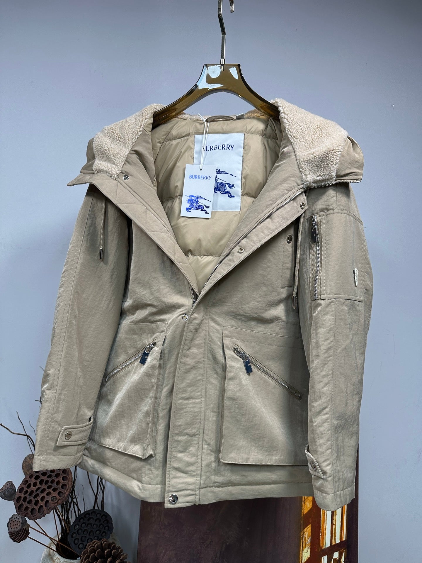 Burberry Beige Shearling Collar Puffer Jacket