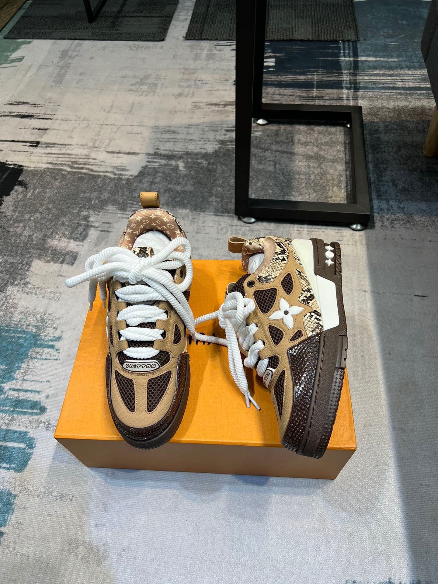 LV Trainer Sneakers - Beige & Brown Python