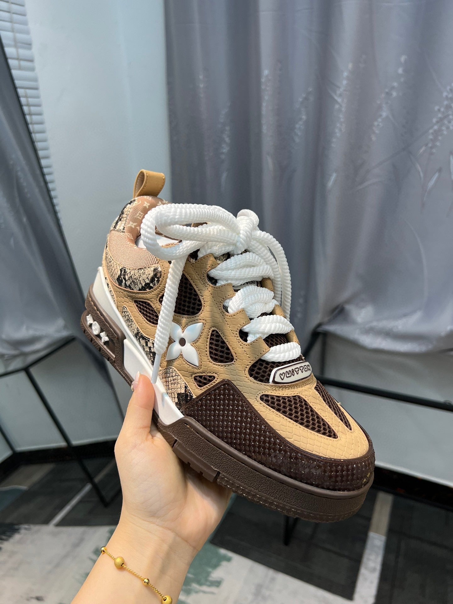 LV Trainer Sneakers - Beige & Brown Python